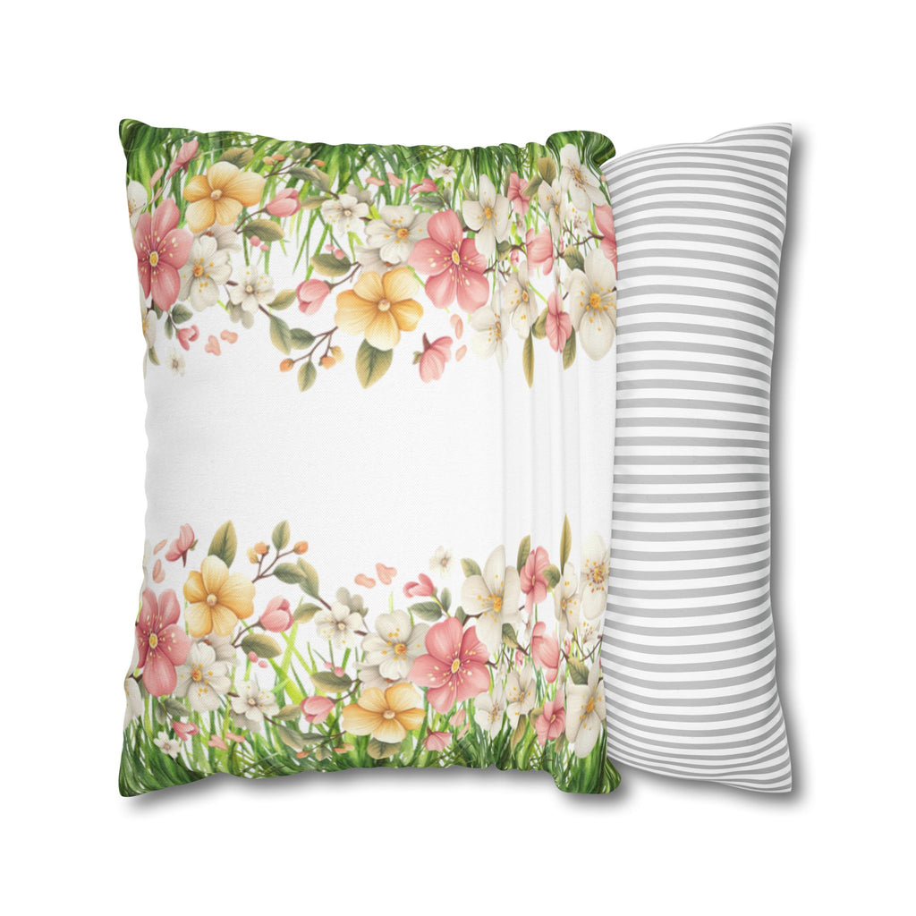 Spring Floral Pillowcase 1piece, Polyester Cushion Cover, Green Grass Border with Pink  White Flowers, Spring Home Decor