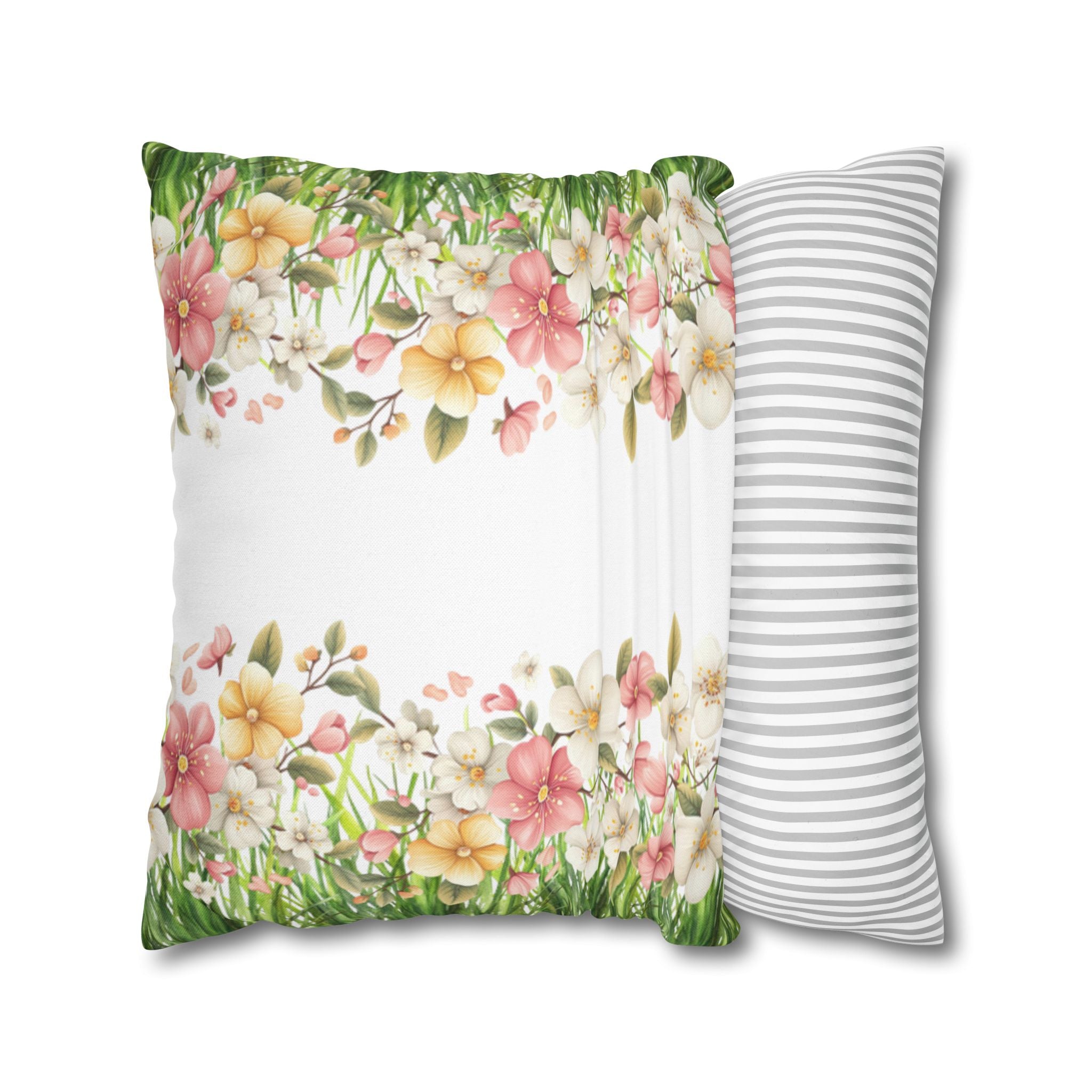 Spring Floral Pillowcase 1piece, Polyester Cushion Cover, Green Grass Border with Pink  White Flowers, Spring Home Decor