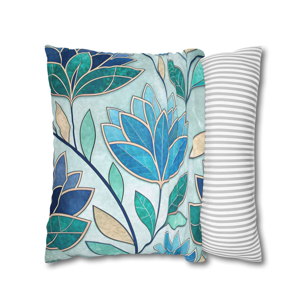 Mosaic Pillowcase 1piece, Stained Glass Style Floral Cushion Covers, Teal Blue Decorative Polyester Throw Pillowcases