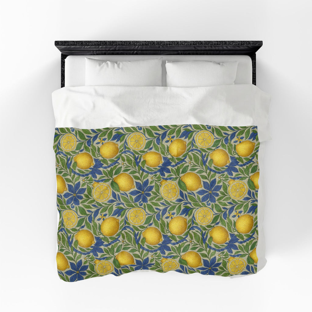 Citrus Riviera Lemon Velveteen Plush Blanket – Mediterranean Botanical Throw | William Morris Style