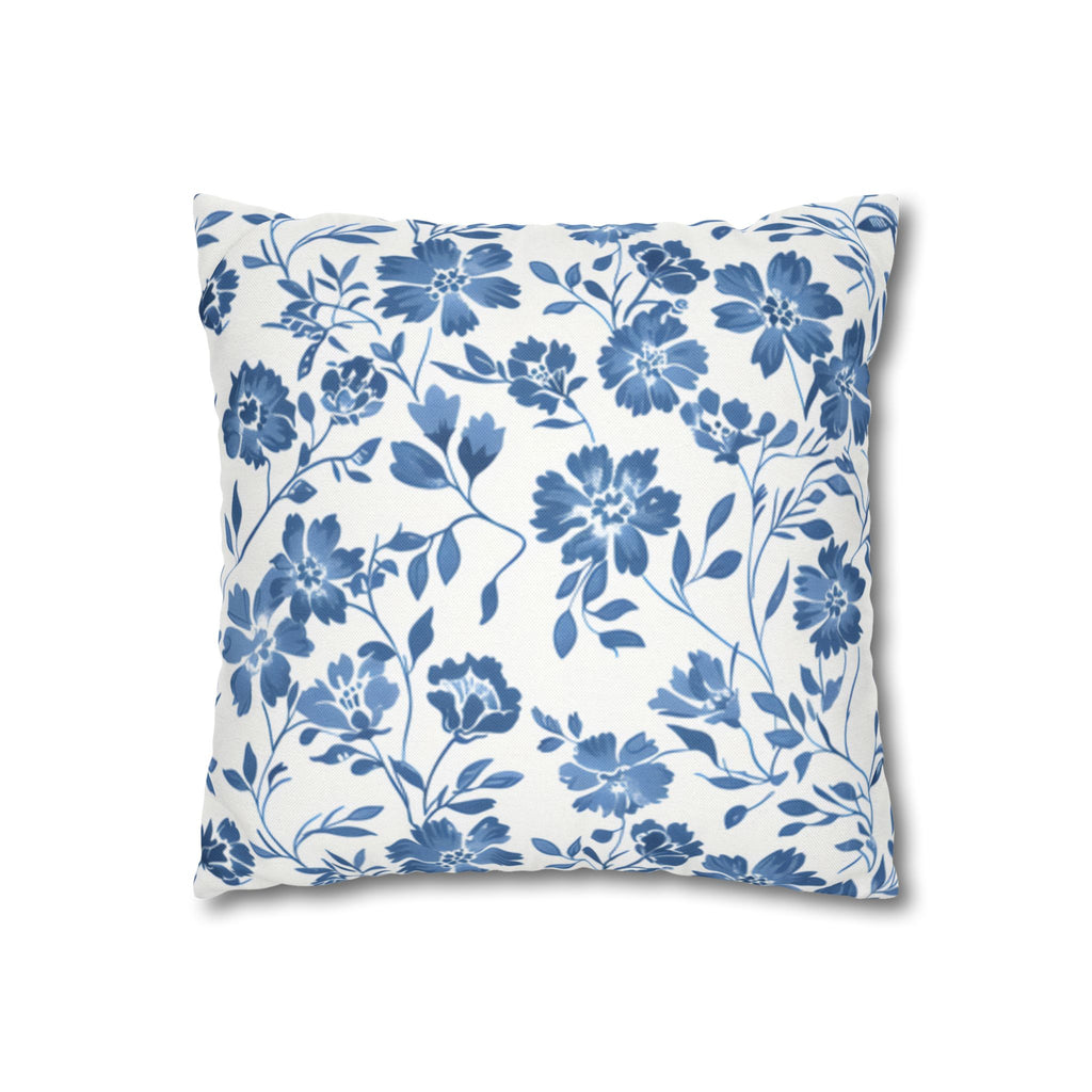 Light Blue Floral Pillowcase Spun Polyester Square Pillowcase | Blue Flower Pillow Cover
