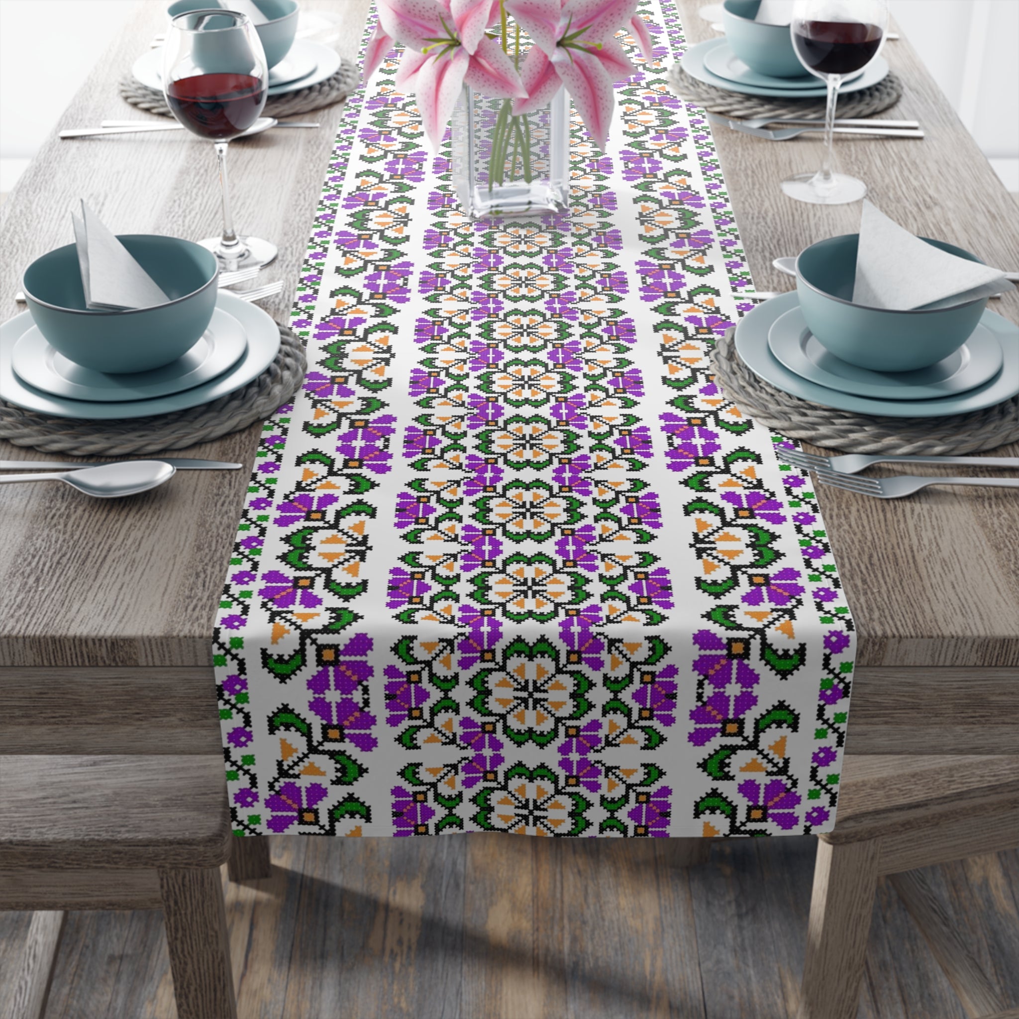 Blooming Hope Table Runner – Ukrainian Floral Mosaic, Cotton or Polyester