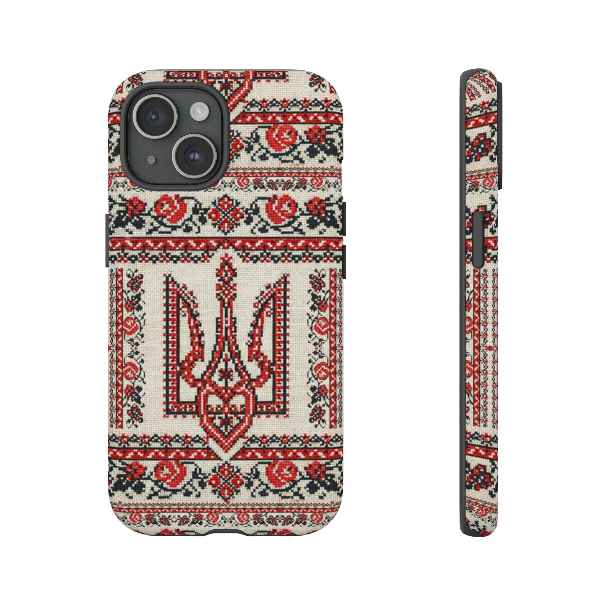 Ukrainian Trident Embroidery Phone Case • Red Black Trident Pattern • Protective Folk Art Cover for iPhone & Samsung