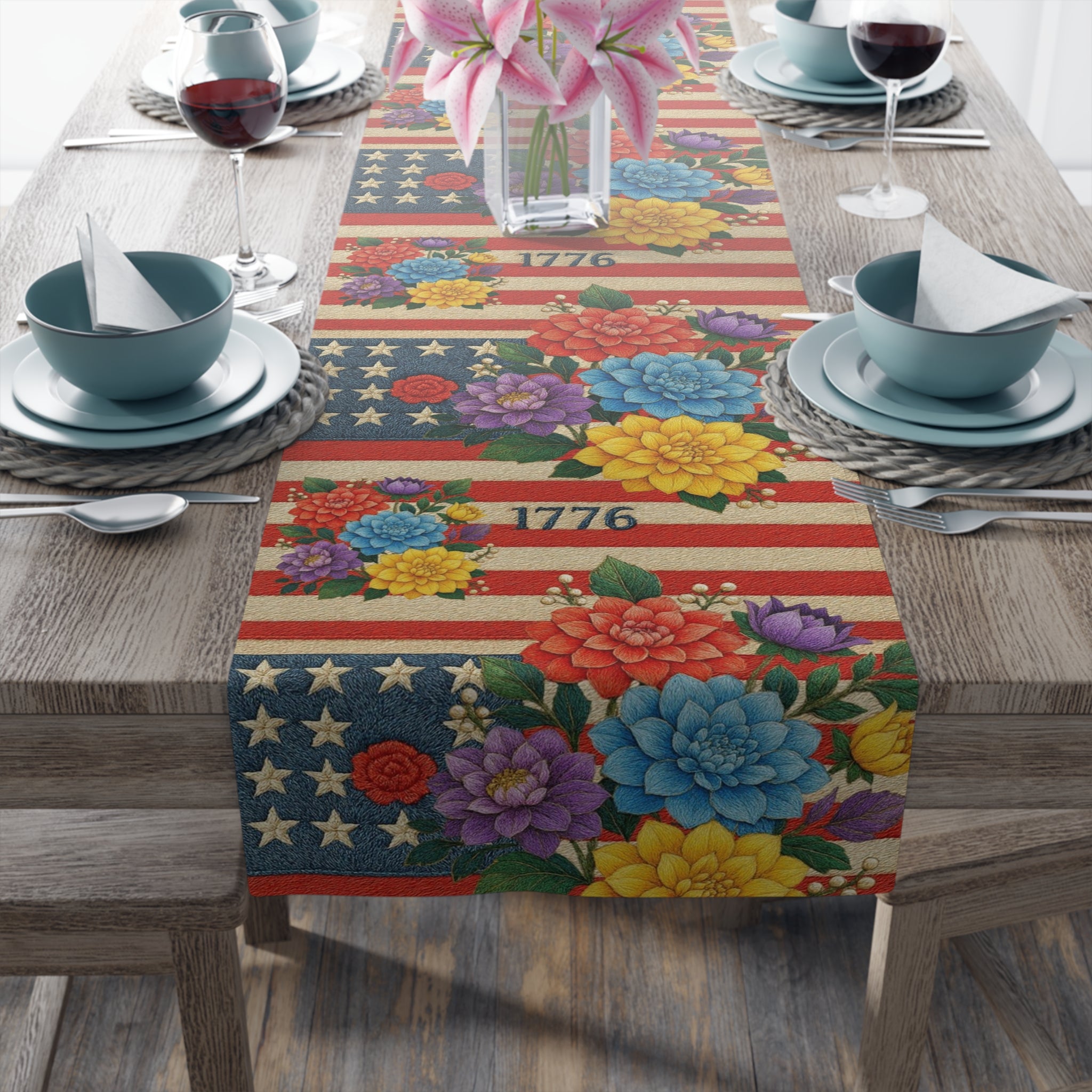 BLUESKYDEZIGN | 1776 Patriotic Floral Table Runner | American Flag Stars & Flowers | 4th of July Dining Decor