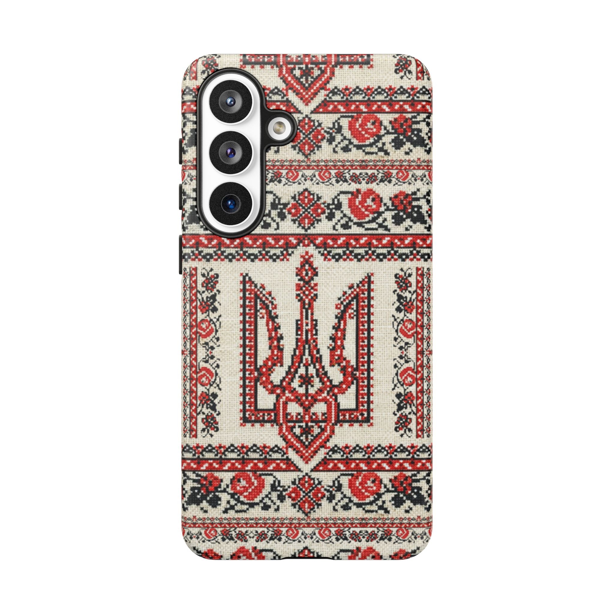 Ukrainian Trident Embroidery Phone Case • Red Black Trident Pattern • Protective Folk Art Cover for iPhone & Samsung
