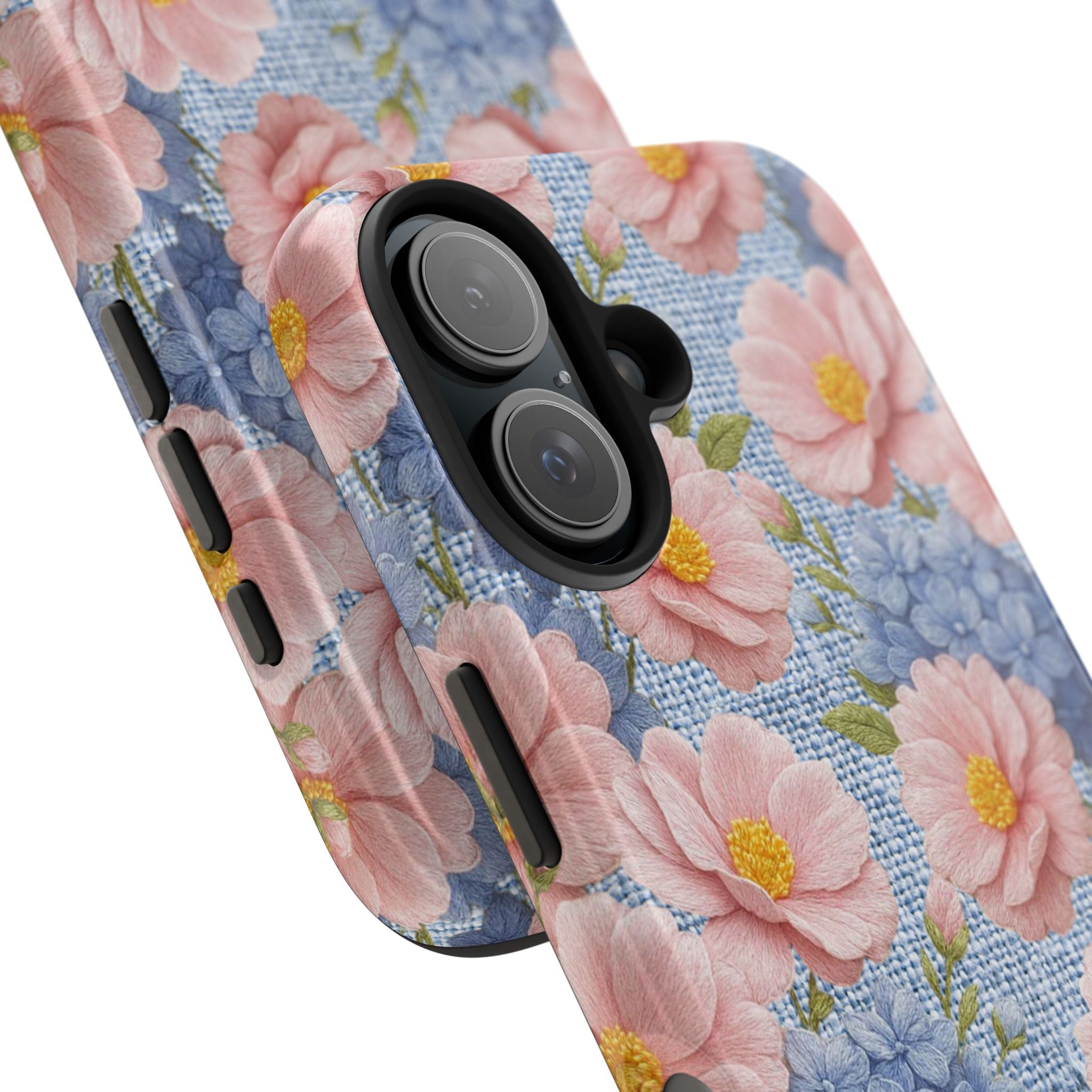 Blush Peony tough phone case with soft Provence watercolor peonies and hydrangeas — delicate pink blooms on serene blue background, dual-layer shockproof floral iPhone cover

