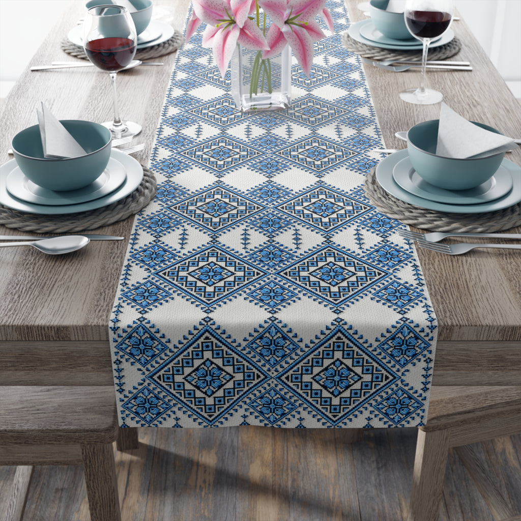 Blue Sky Folk Art Table Runner | Ukrainian Heritage Indigo Geometric Linen