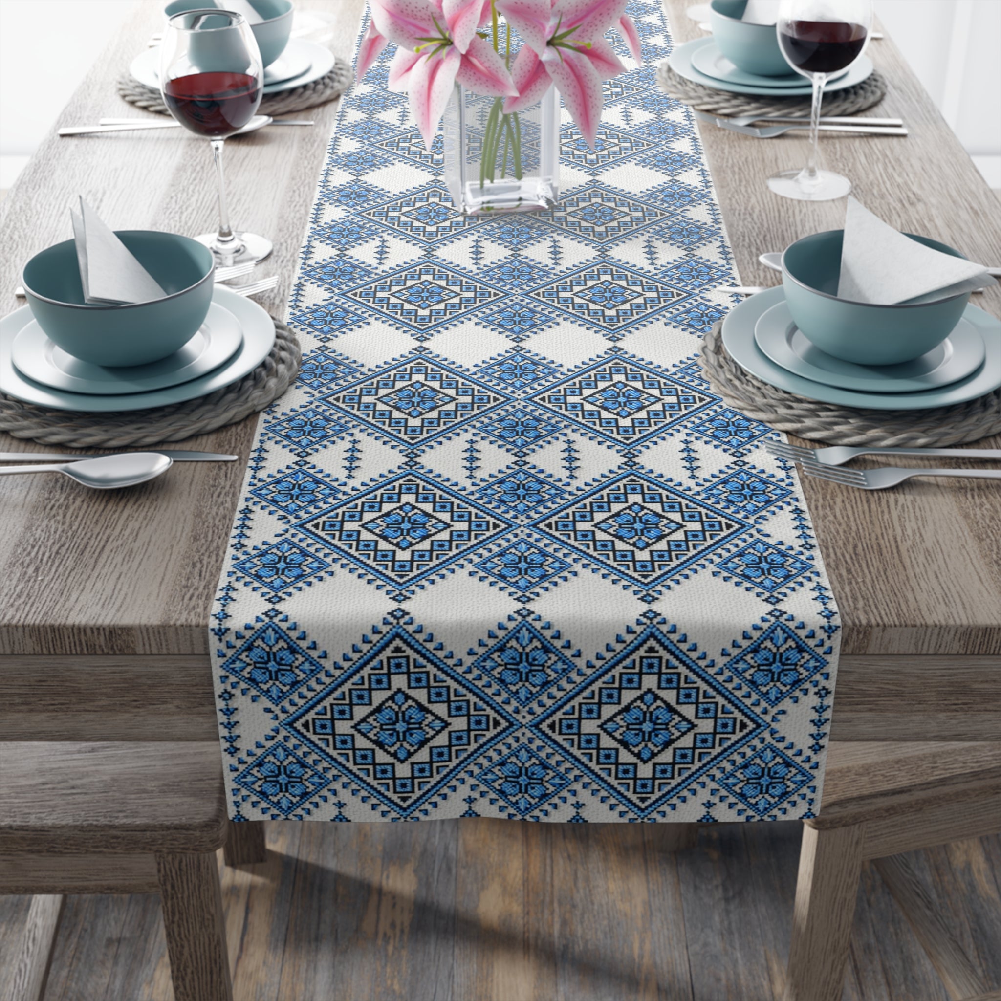 Blue Sky Folk Art Table Runner | Ukrainian Heritage Indigo Geometric Linen