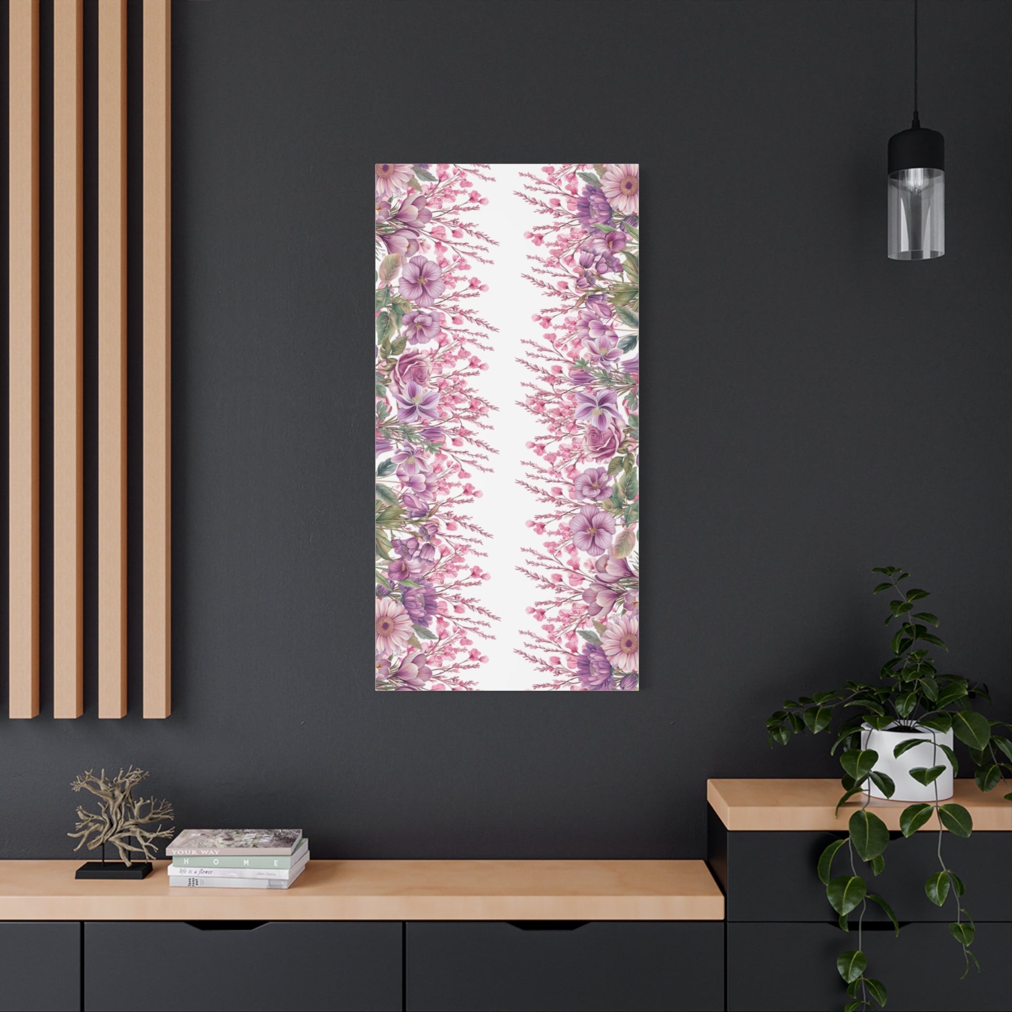 Floral Matte Canvas Wall Art, Pink Purple Botanical Print, Modern Symmetrical Flower Design, Stretched 1.25" Canvas Home Decor
