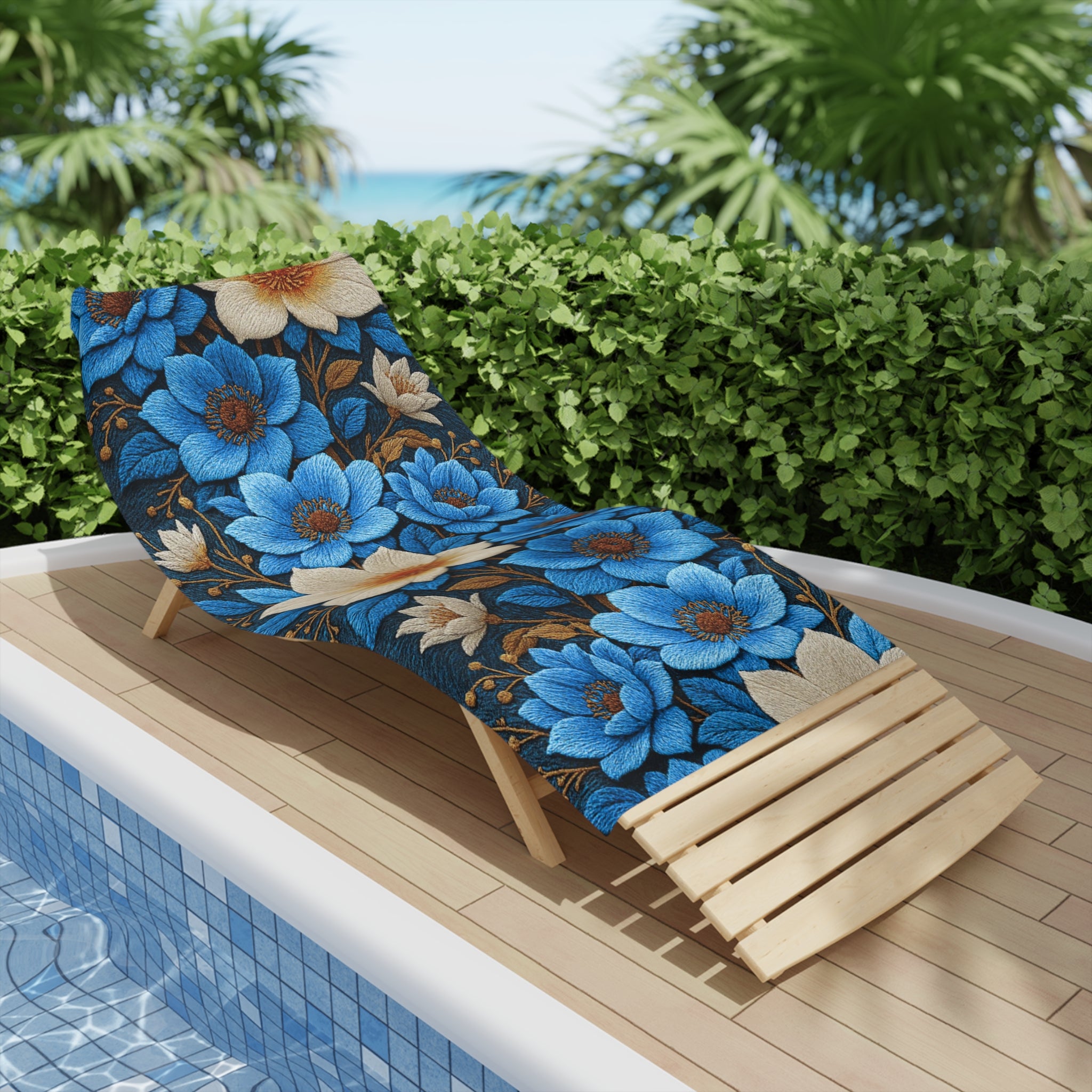 Midnight Symphony Floral Beach Towel – Navy Blue & Cream Botanical Pool Towel