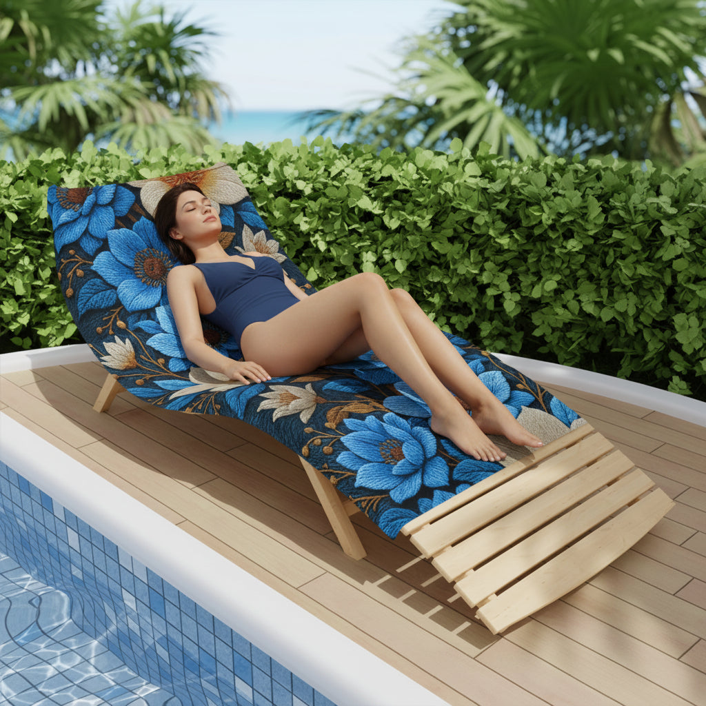 Midnight Symphony Floral Beach Towel – Navy Blue & Cream Botanical Pool Towel