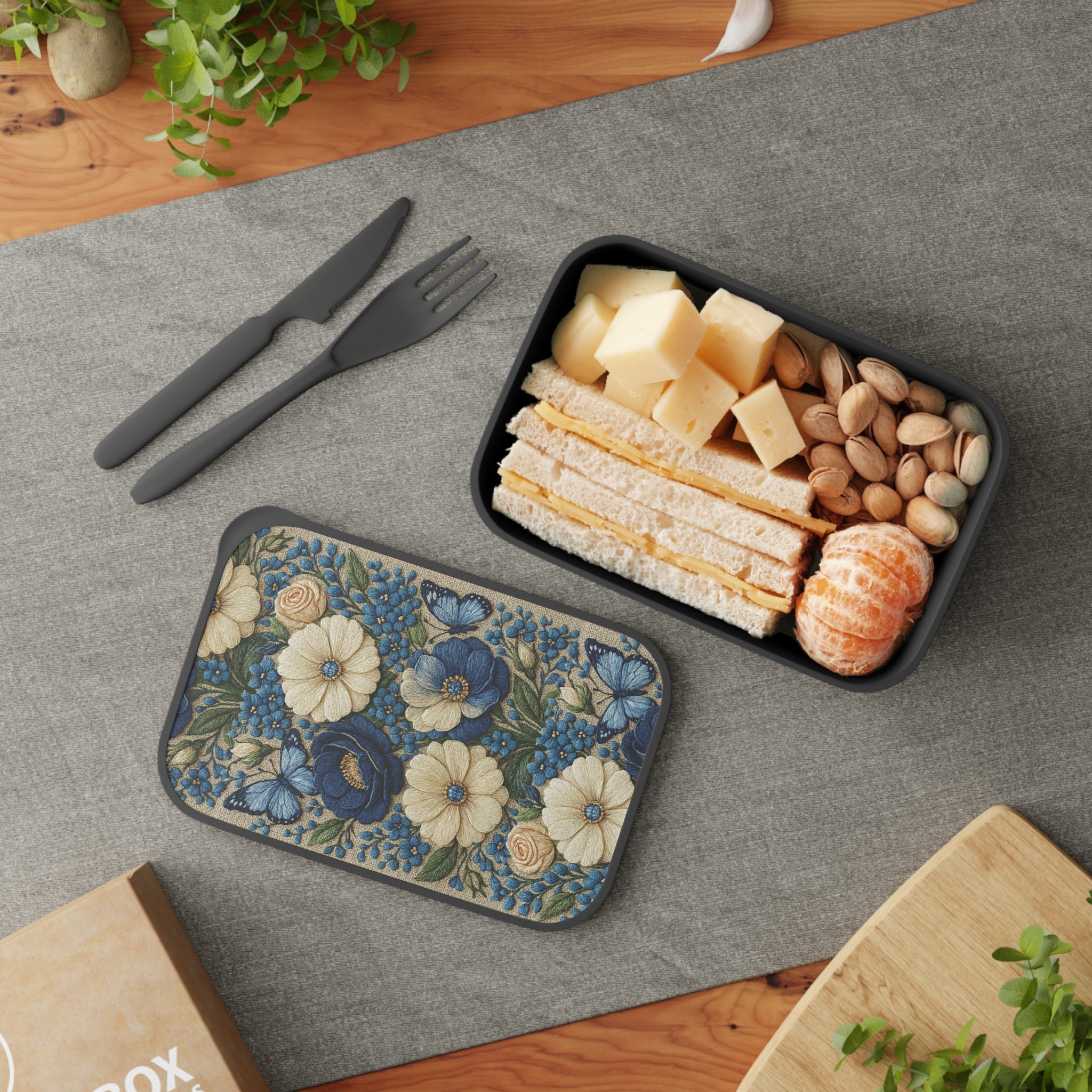 Wild Beauty Floral Bento Box | Blue Cream Botanical Lunch Box | Eco-Friendly PLA with Utensils