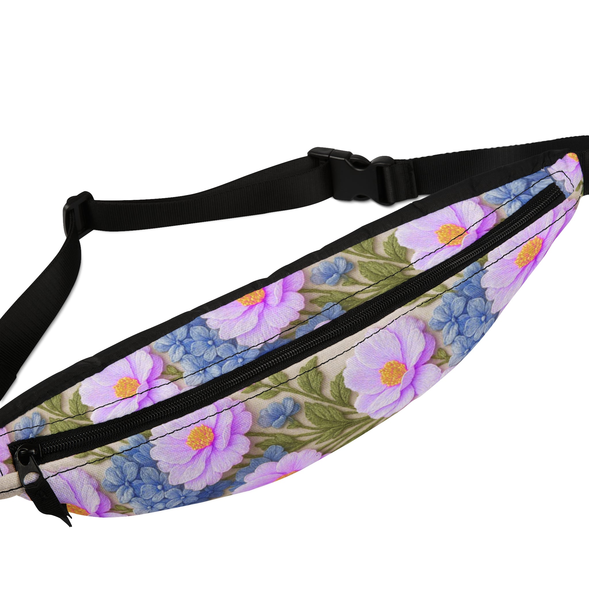 Pink Cosmos and Blue Hydrangea Fanny Pack, Alexandra Bloom Collection, Vintage Floral Waist Bag, Cottagecore Crossbody Purse