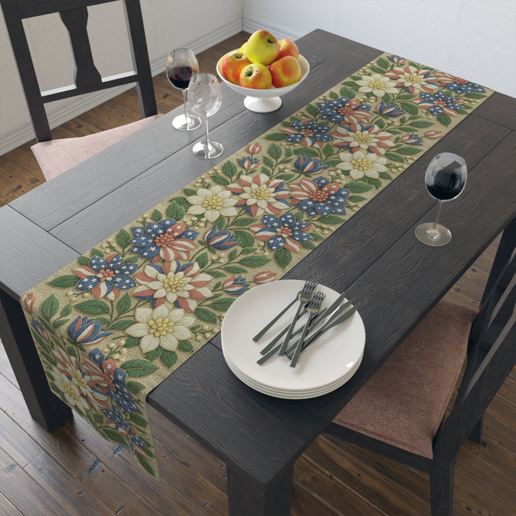 BLUESKYDEZIGN | Floral Americana Table Runner | Patriotic 4th of July Vintage Decor | Cotton or Polyester