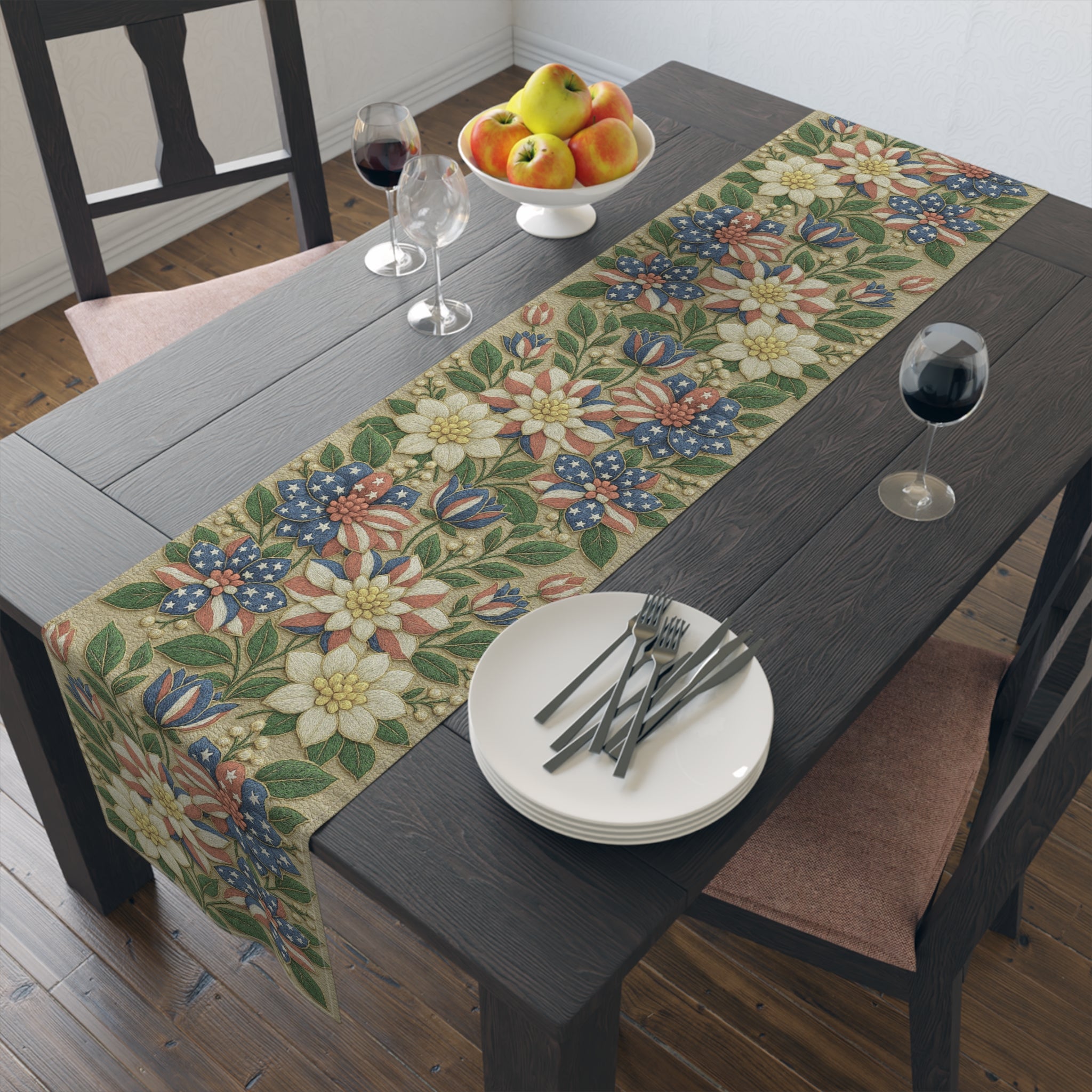BLUESKYDEZIGN | Floral Americana Table Runner | Patriotic 4th of July Vintage Decor | Cotton or Polyester