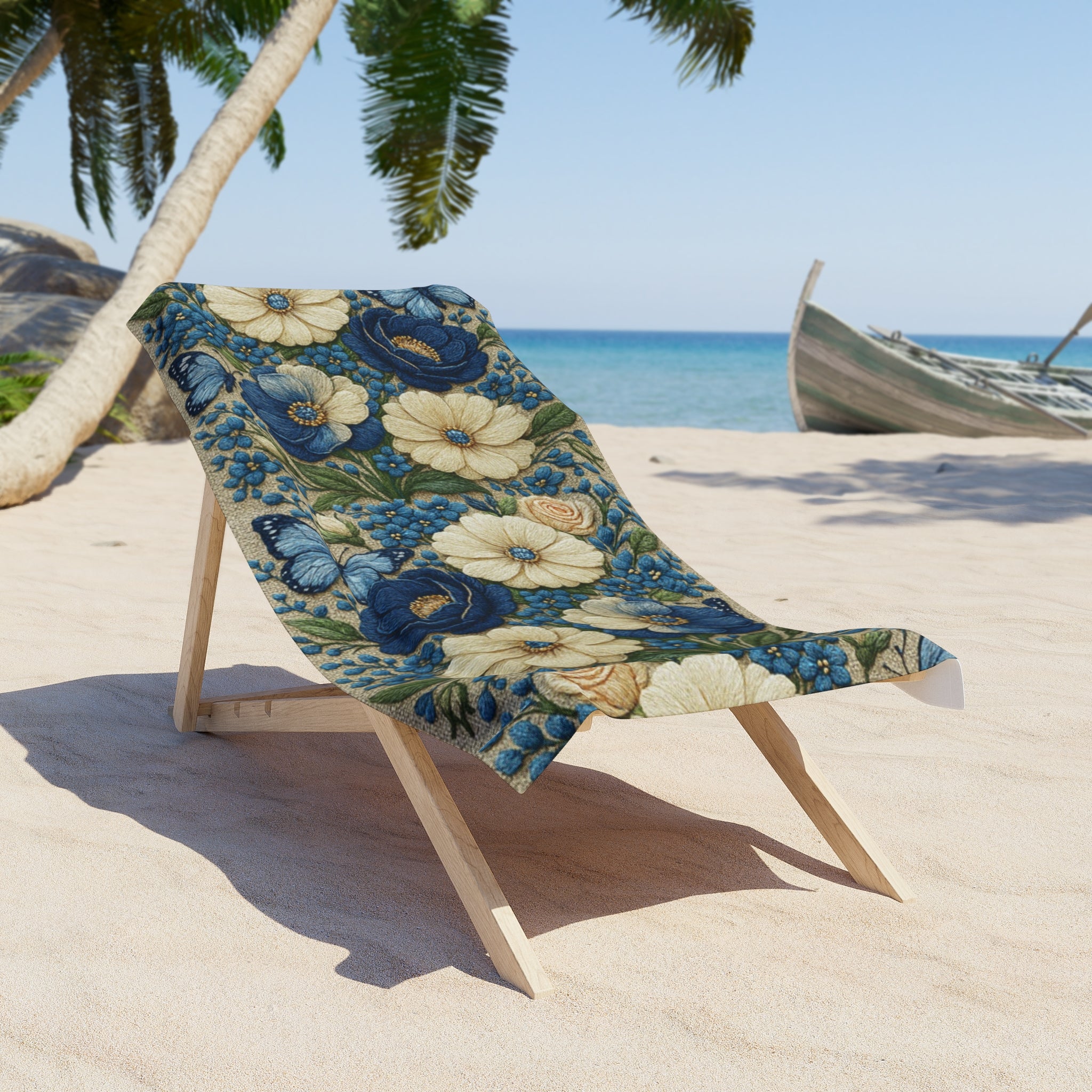 Wild Beauty Floral Beach Towel | Blue Cream Botanical Cottagecore Pool Towel | Quick Dry Cotton