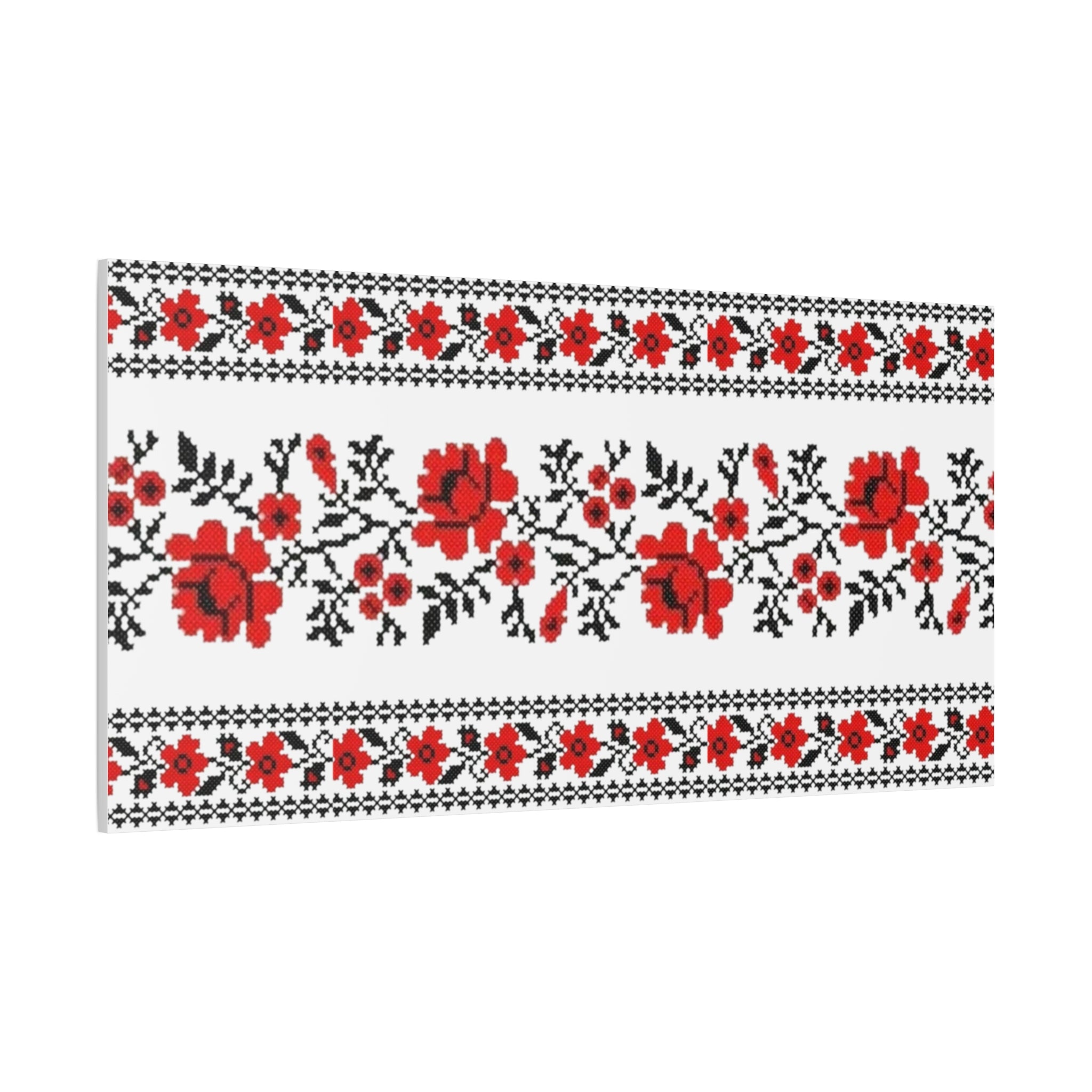 Ukrainian Embroidery Wall Art, Red Black Folk Floral Pattern, Traditional Slavic Home Decor Canvas for Living Room or Entryway, Matte Print, Stretched 1.25" Ready to Hang