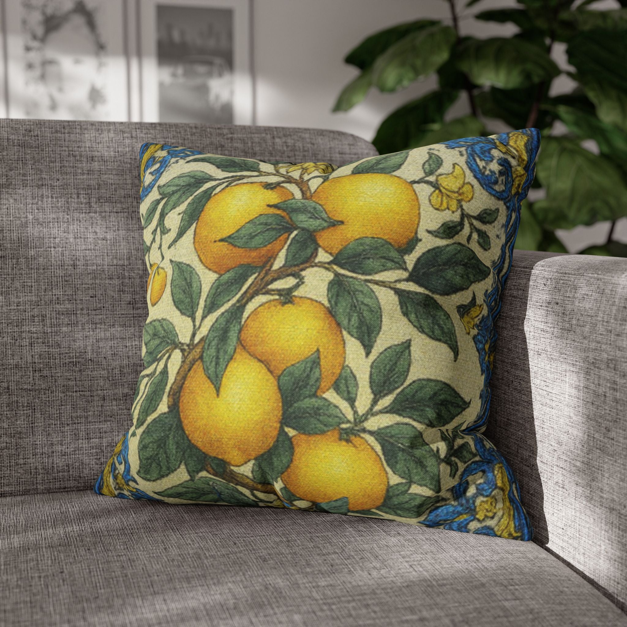 Citrus Riviera Orange & Lemon Branch Pillow Cover – Mediterranean Botanical Cushion Case | William Morris Style