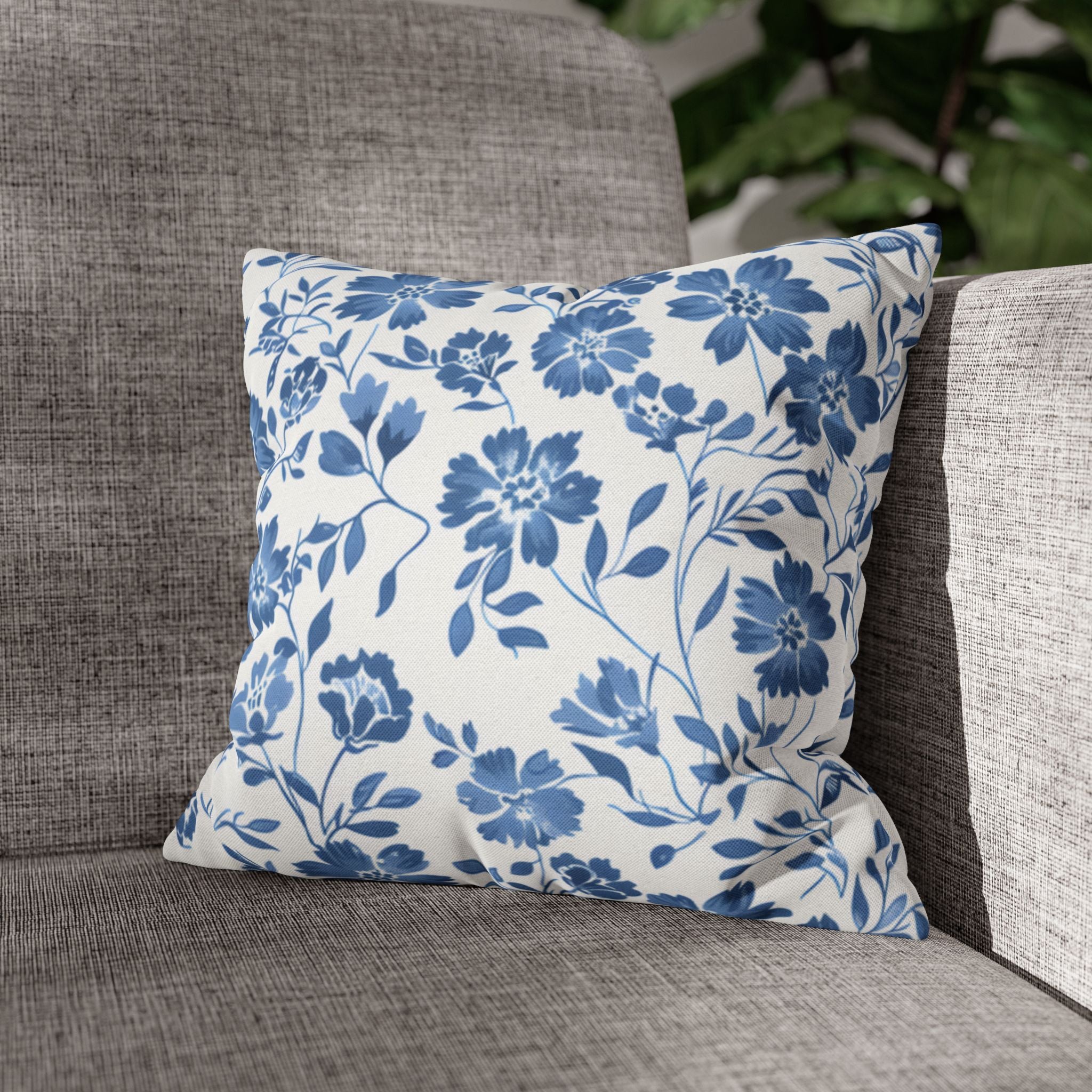 Light Blue Floral Pillowcase Spun Polyester Square Pillowcase | Blue Flower Pillow Cover