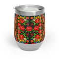 A silver stainless steel wine tumbler named "Mother’s Bloom" featuring a vibrant Ukrainian folk floral pattern on a black background, with a clear lid.