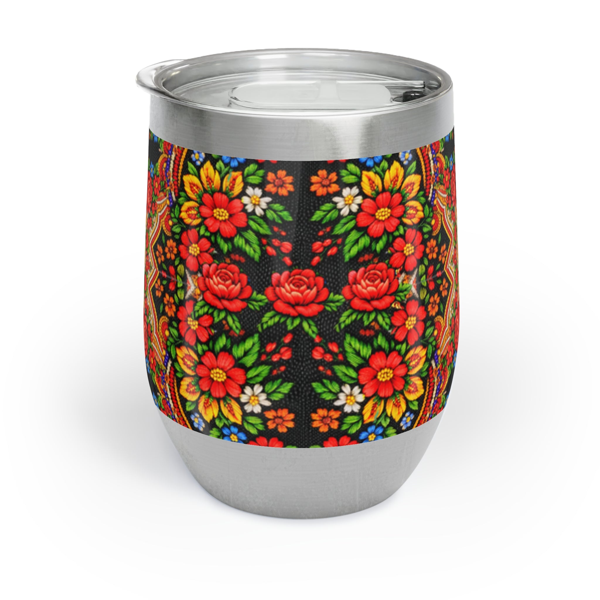 A silver stainless steel wine tumbler named "Mother’s Bloom" featuring a vibrant Ukrainian folk floral pattern on a black background, with a clear lid.