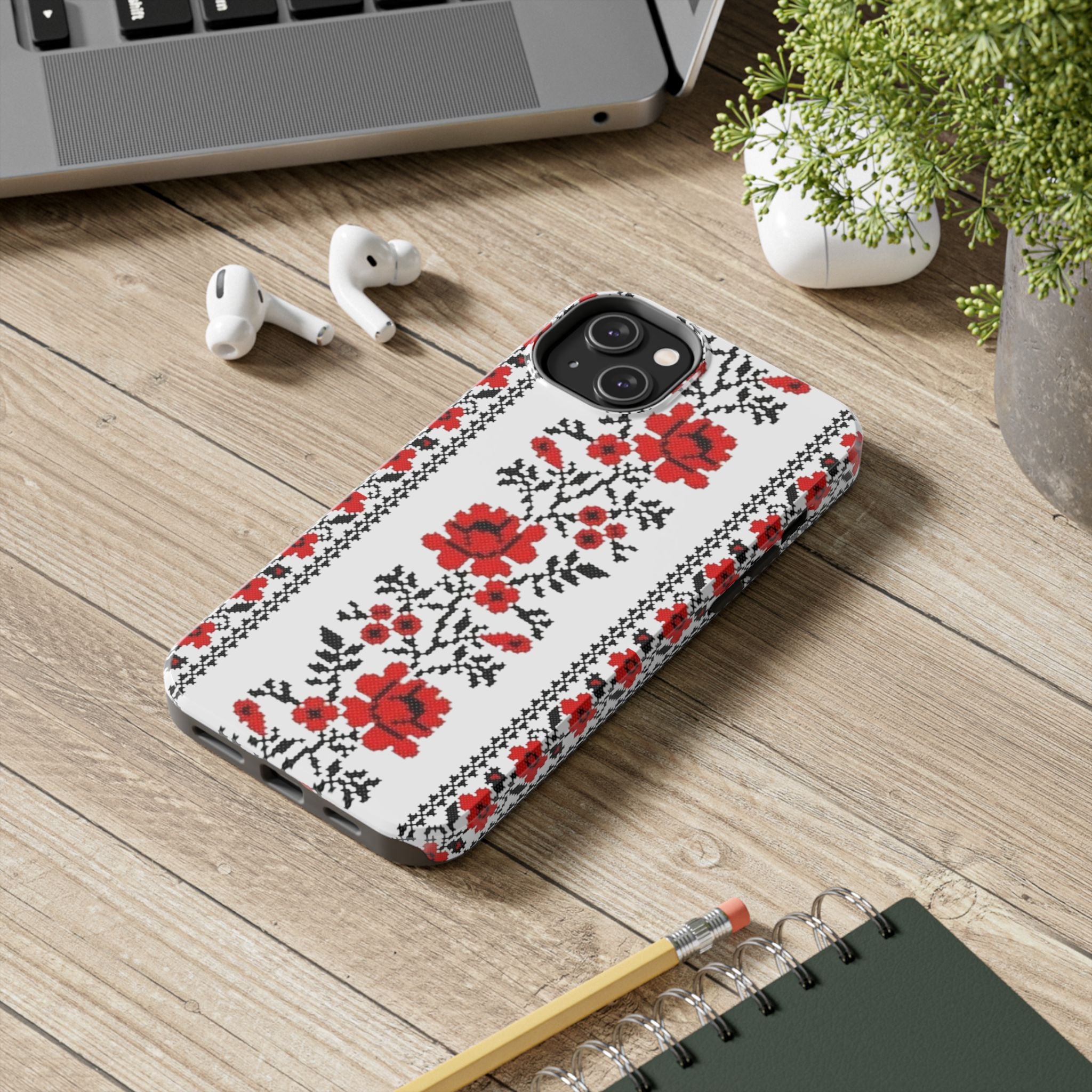 BLUESKYDEZIGN | Ukrainian Embroidery Phone Case | Red Black Cross-Stitch Folk Pattern iPhone Cover | Heritage Gift