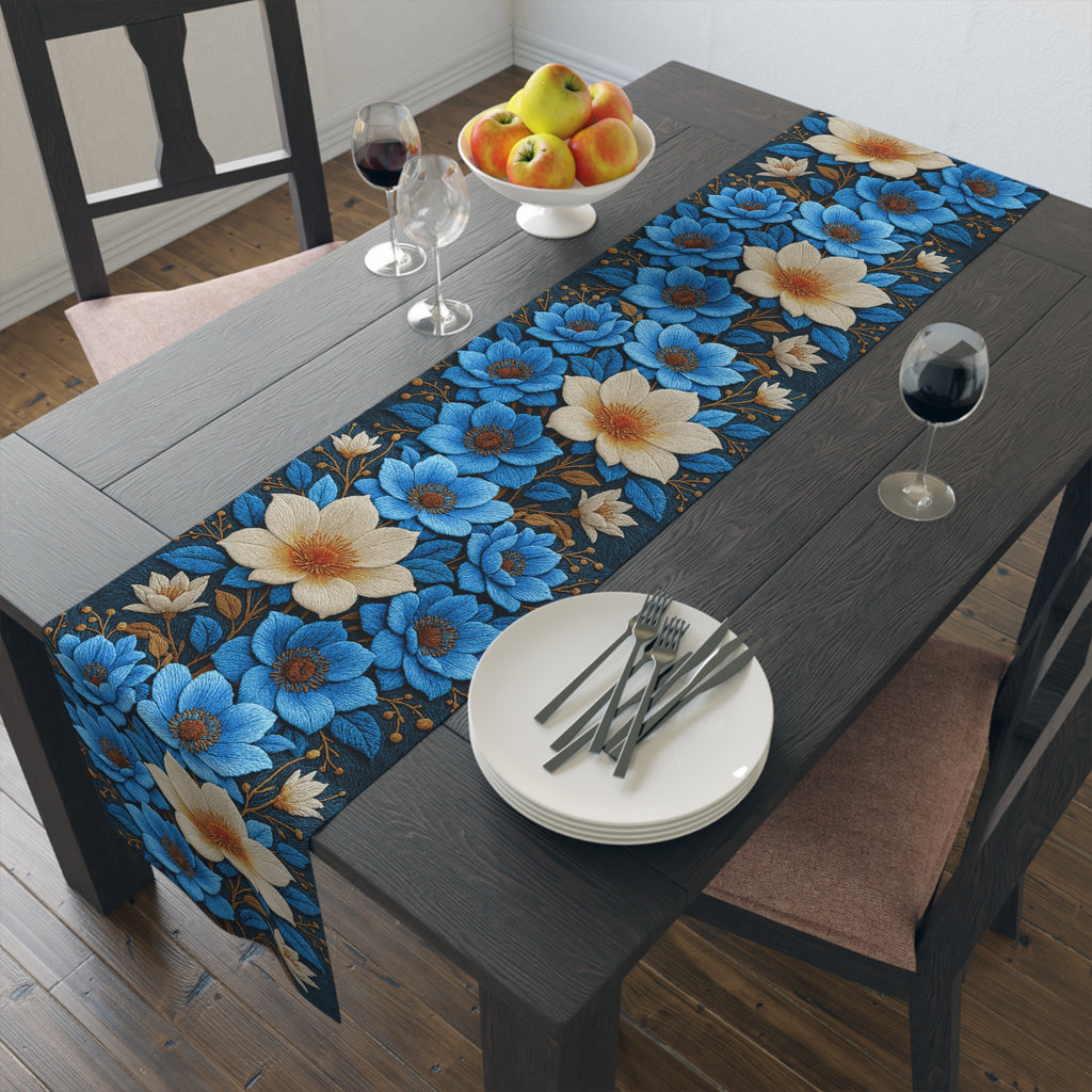 Midnight Symphony Floral Table Runner | Navy Blue & Cream Botanical Dining Linen