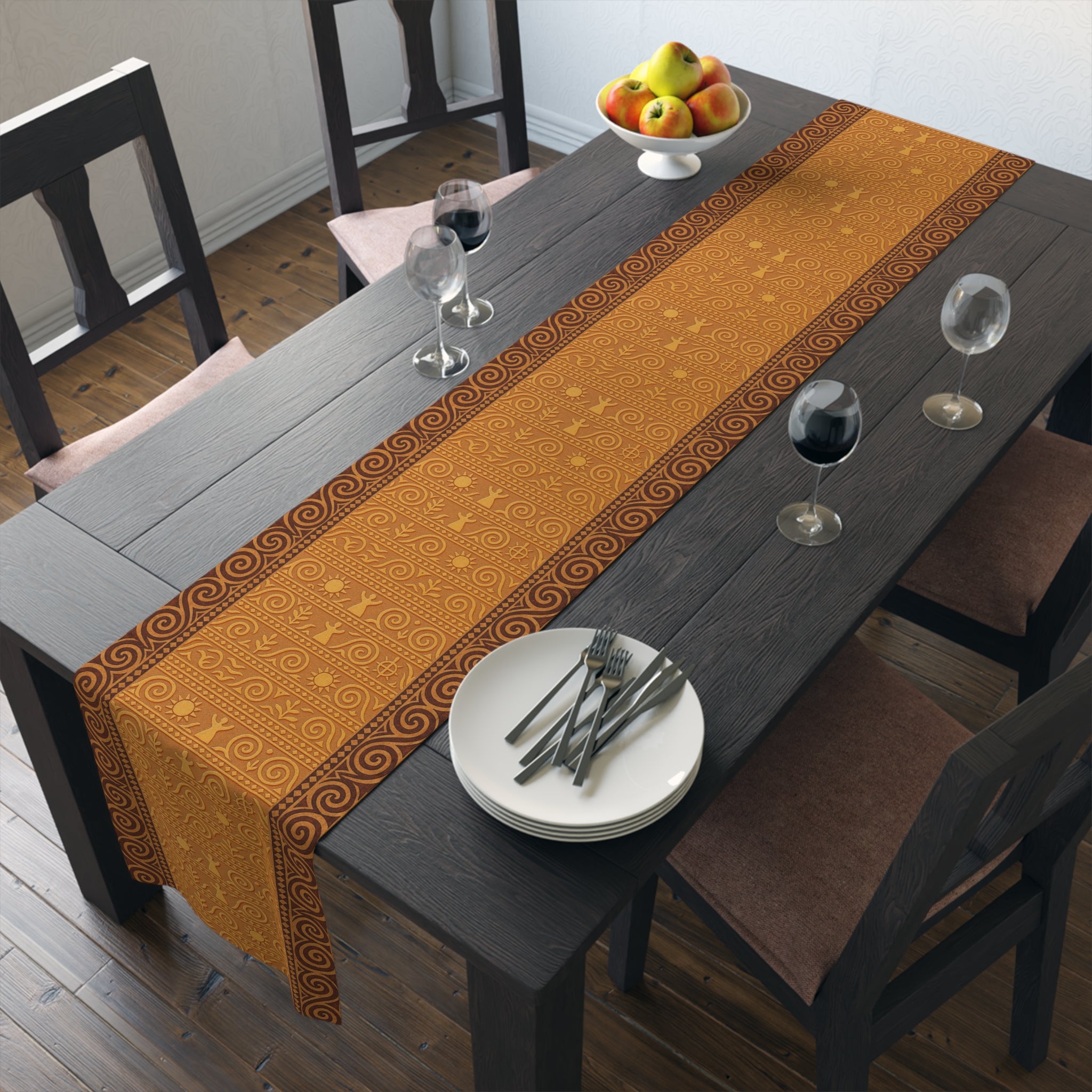 Trypillian Code Table Runner | Terracotta Ancient Symbol Farmhouse Decor