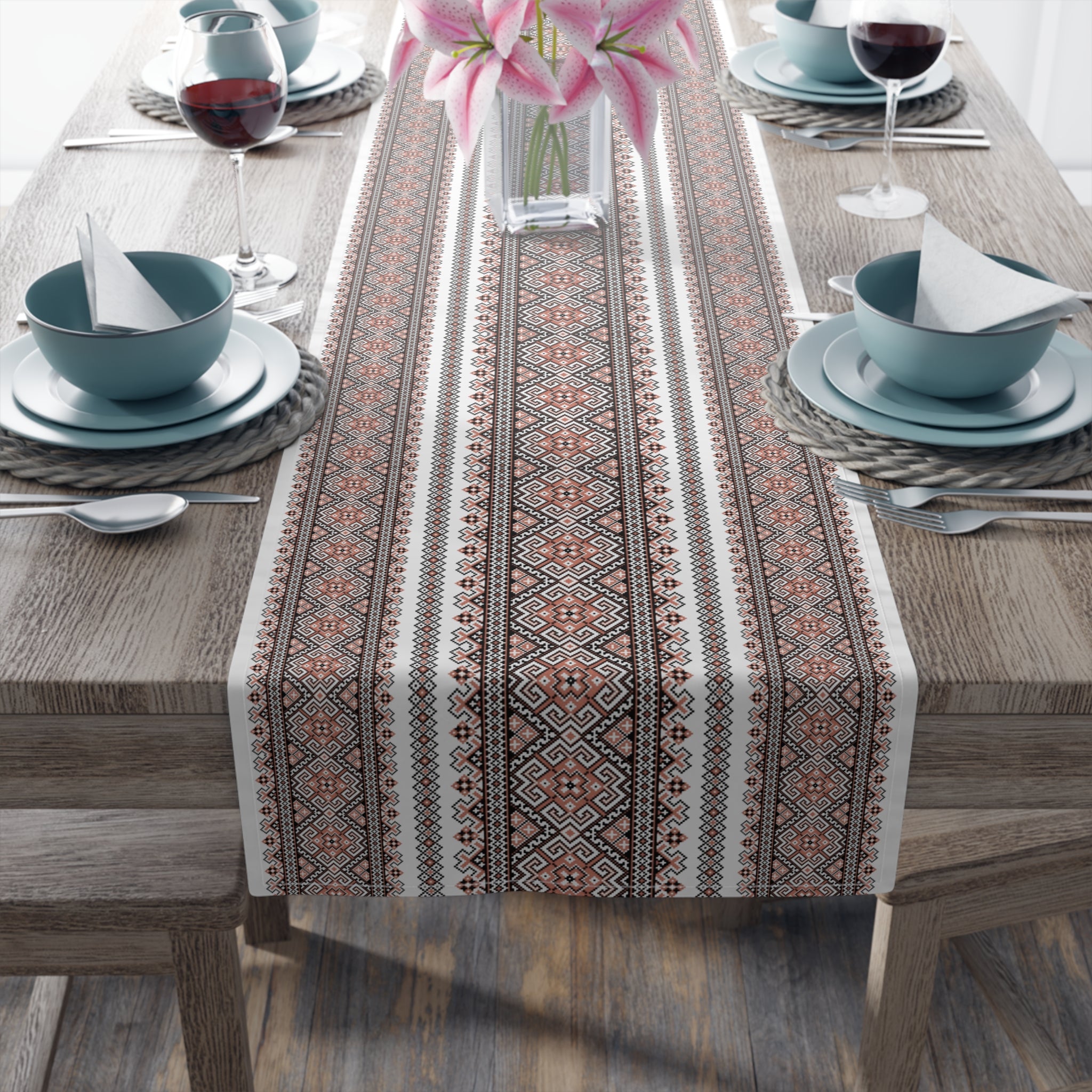 Stasia Red Folk Art Table Runner | Ukrainian Heritage Red & Black Geometric Linen