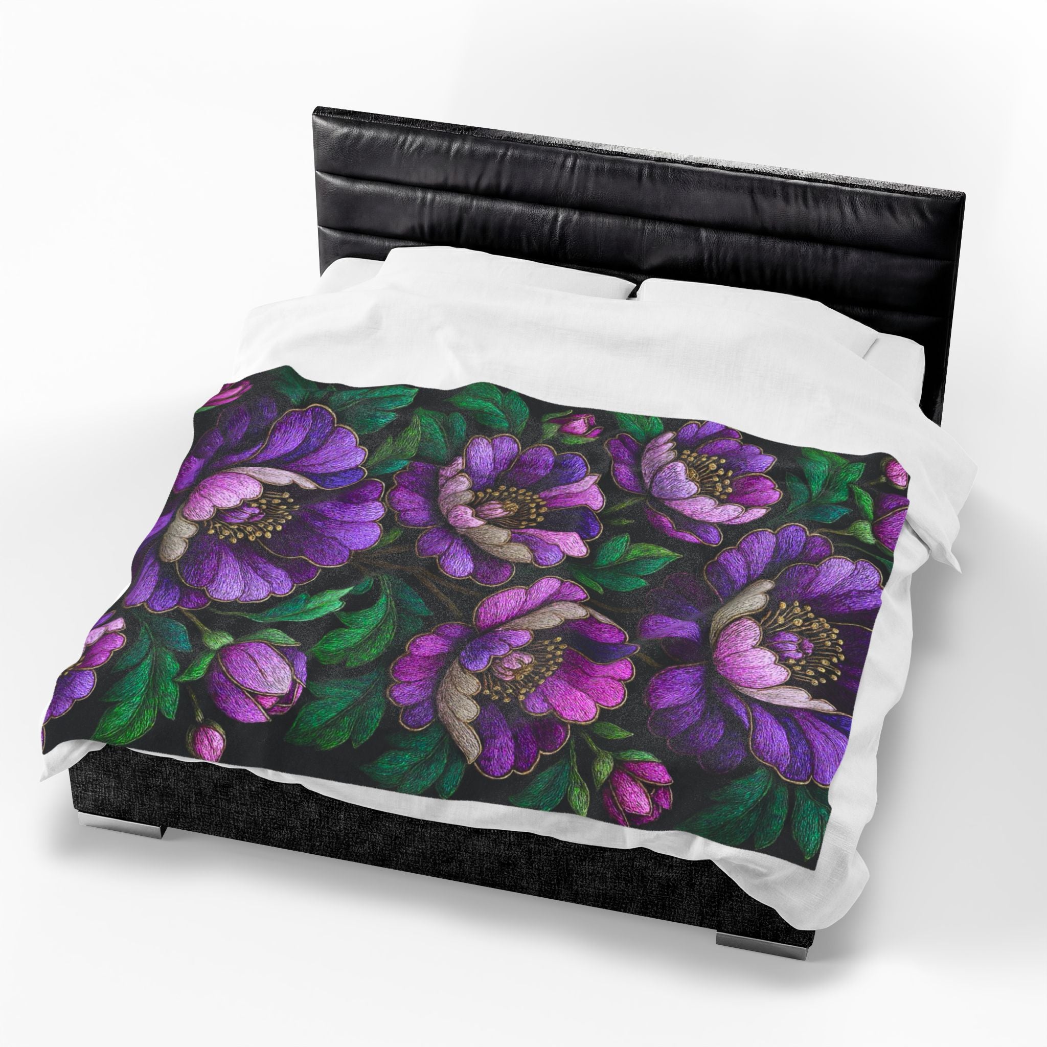 Petrykivka Bloom Blanket | Purple Peony Floral Plush Throw | Moody Embroidered Look Velveteen Cozy Blanket