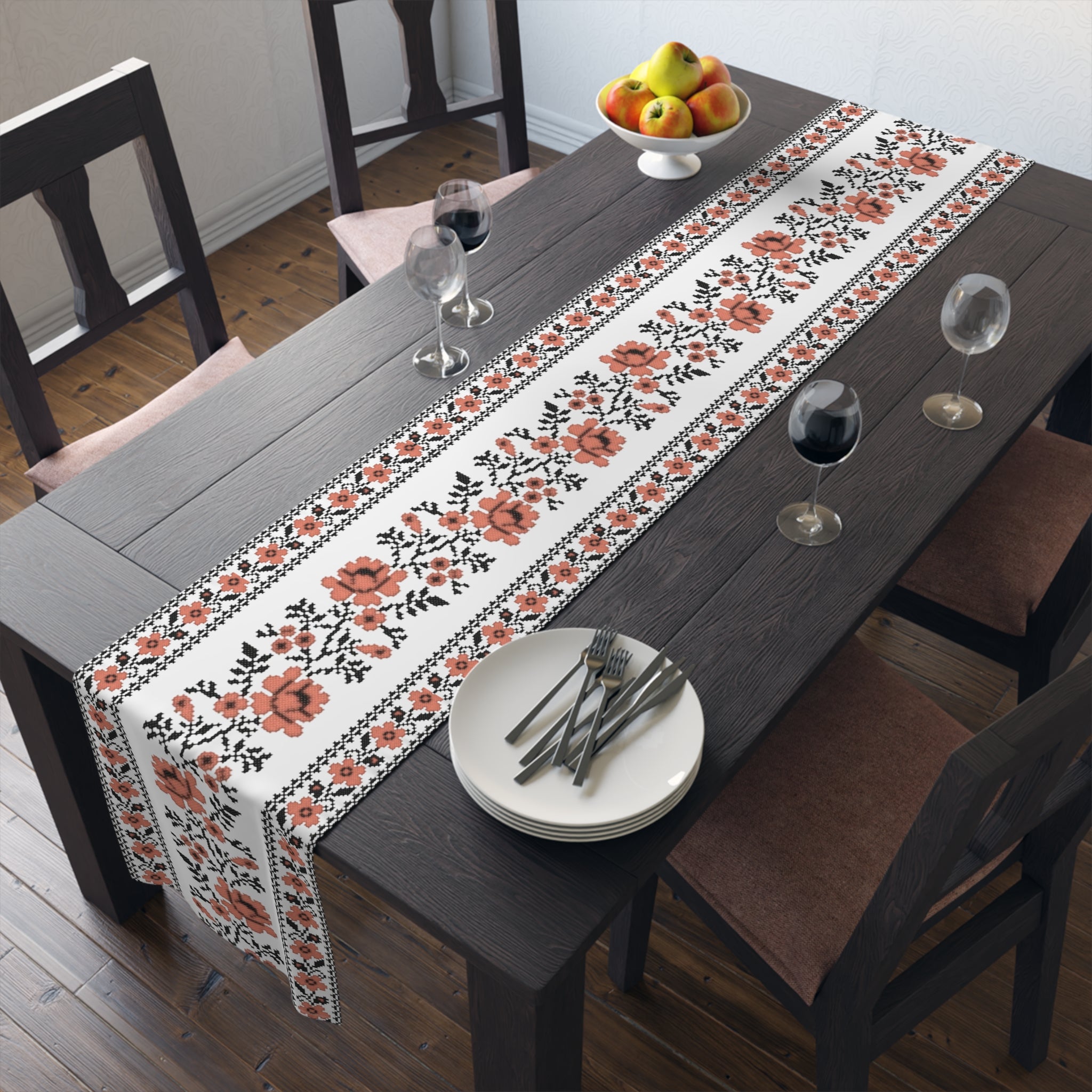 BLUESKYDEZIGN Ukrainian Traditional Table Runner - Red Black Folk Art