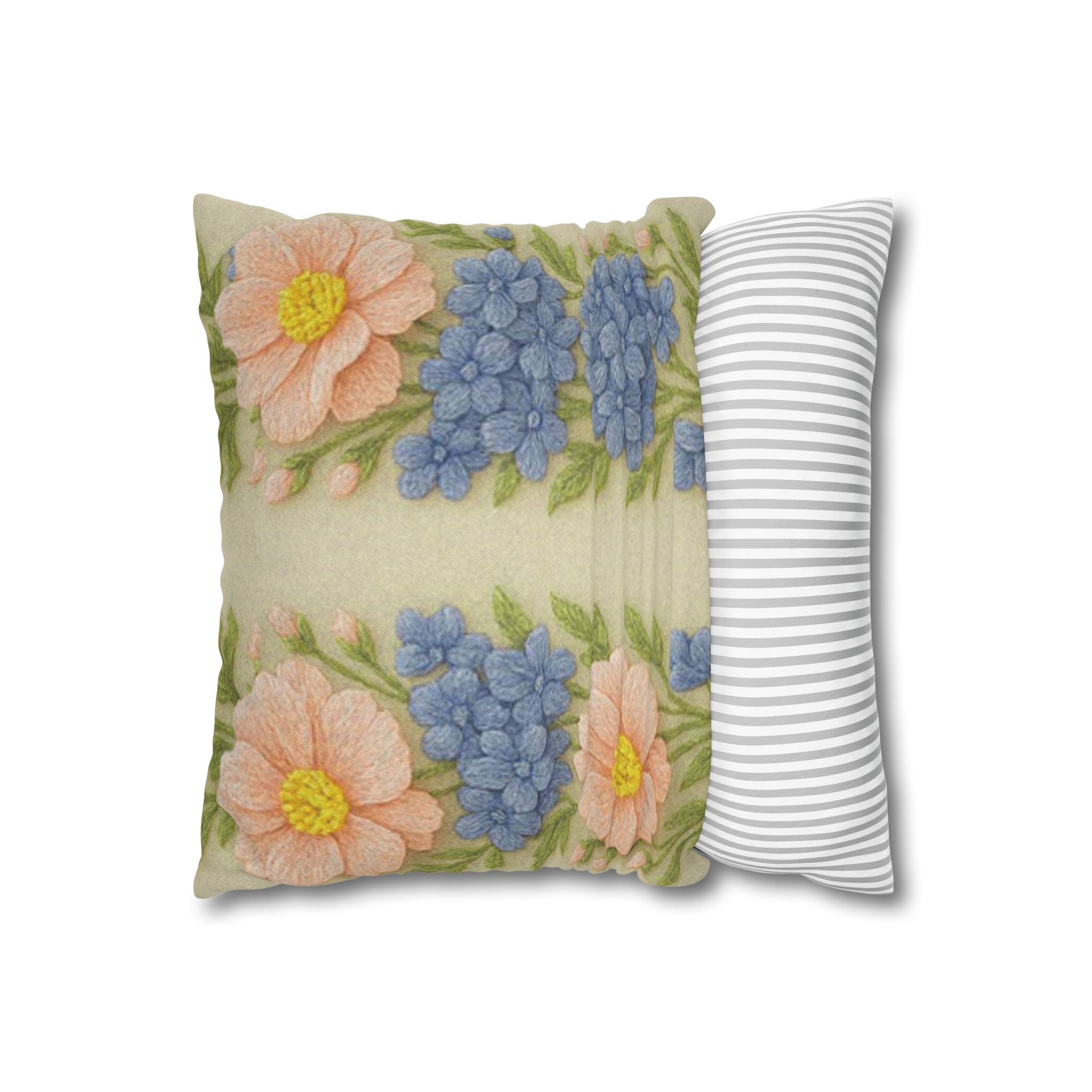 Vintage Floral Pillow Cover – Cottagecore Pink Daisies & Blue Hydrangeas | BLUESKYDEZIGN
