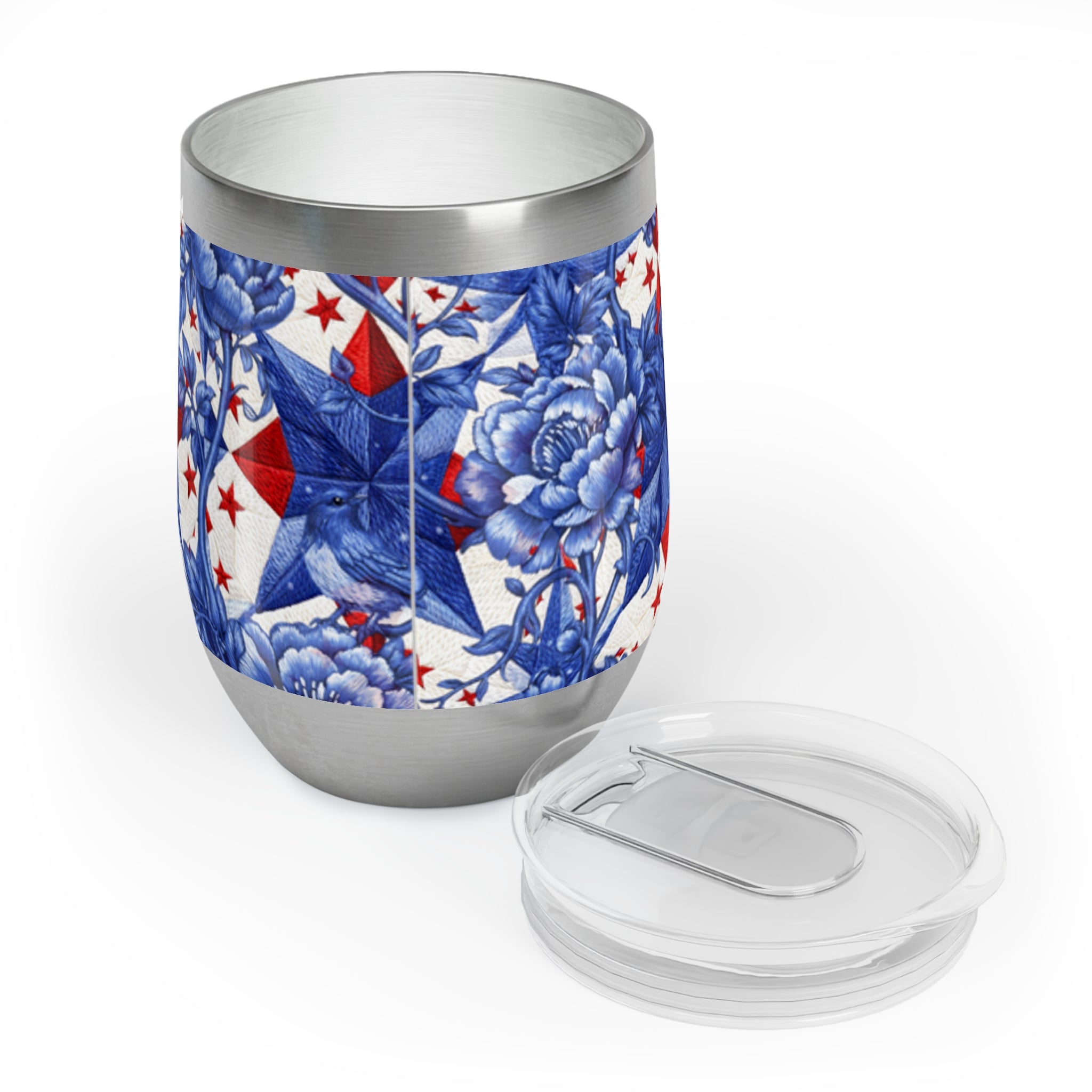 America 250th Anniversary Wine Tumbler - Patriotic Blue Toile & Red Star Insulated Stainless Steel Cup