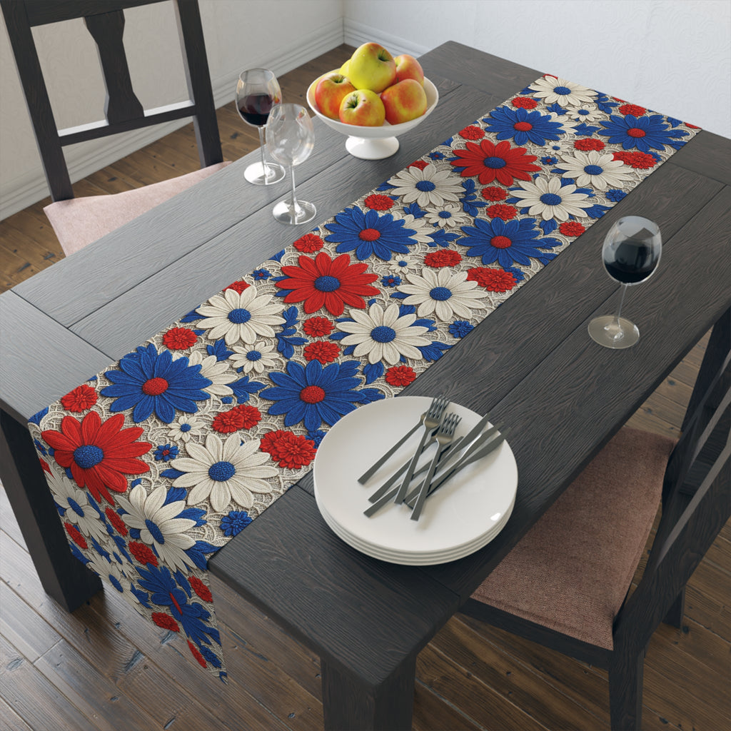 Retro Daisy Floral Table Runner — Vintage Farmhouse Boho Decor, Cotton or Polyester | BLUESKYDEZIGN