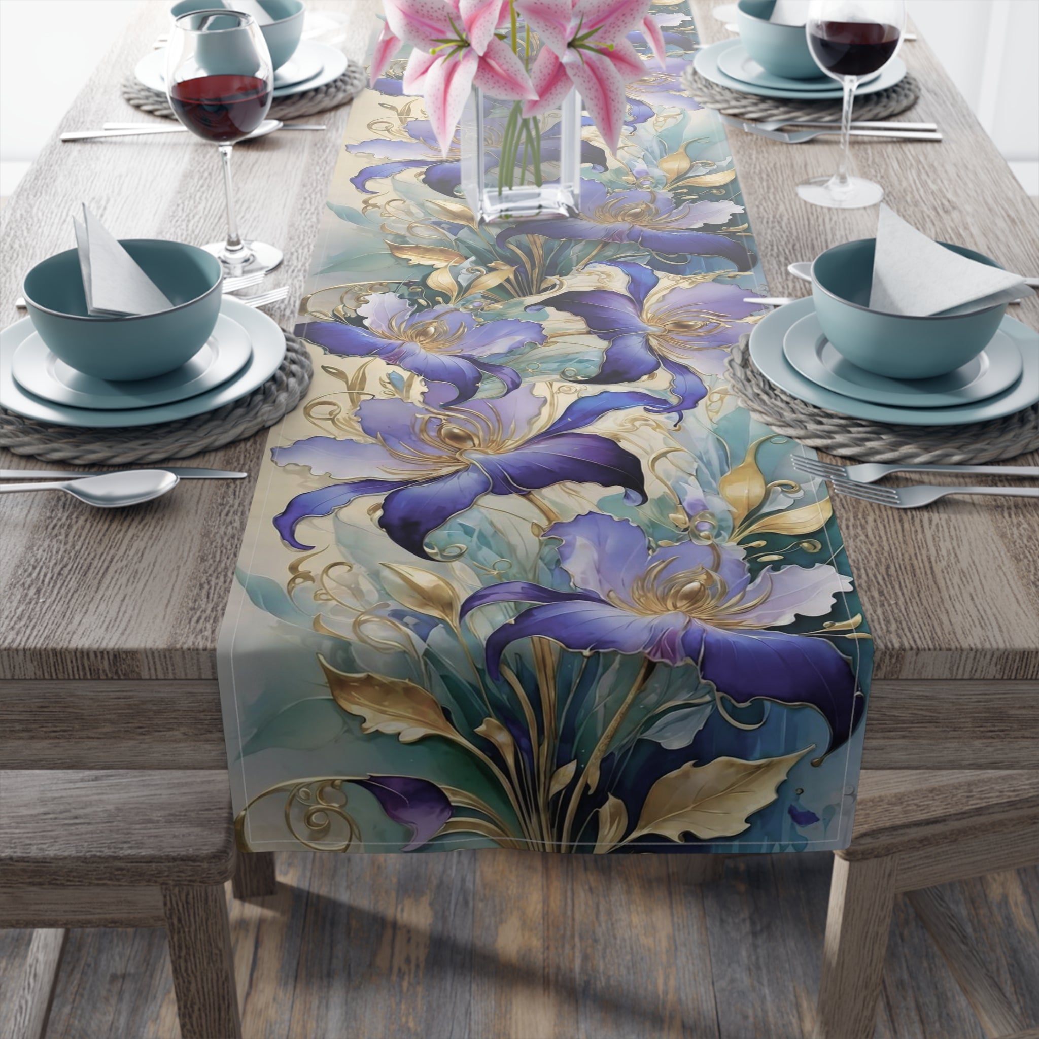 Purple Iris Floral Table Runner – Violet Gold Botanical Dining Decor, Cotton Twill or Polyester, 72" & 90"