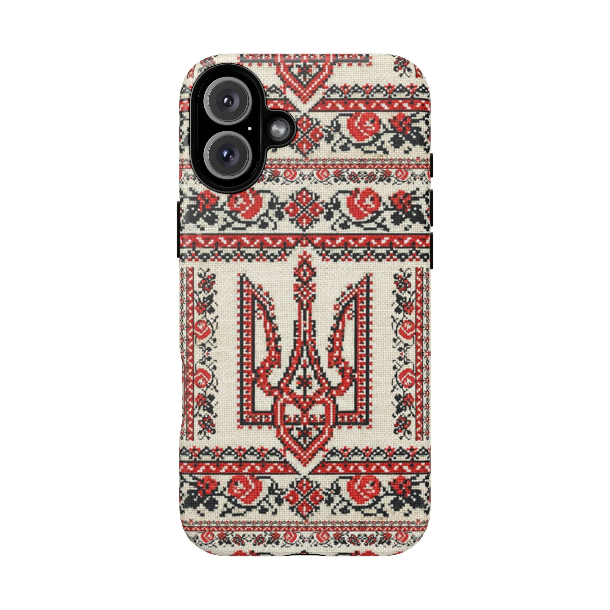 Ukrainian Trident Embroidery Phone Case • Red Black Trident Pattern • Protective Folk Art Cover for iPhone & Samsung