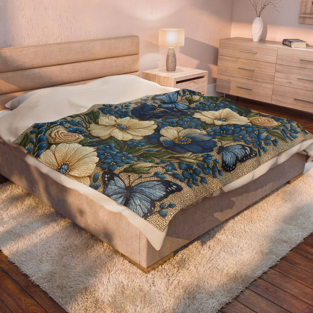 Wild Beauty Floral Velveteen Throw Blanket – Blue & Cream Botanical Design