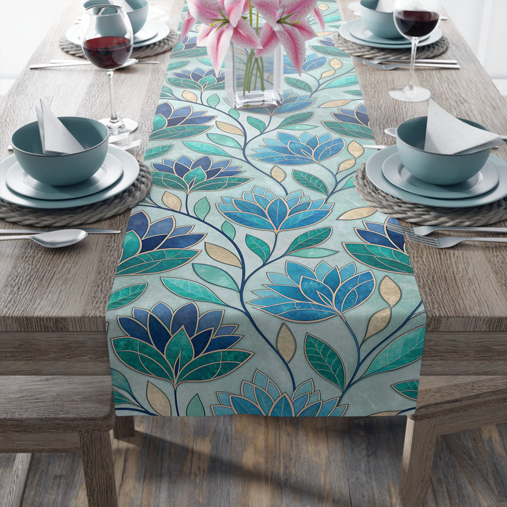 BLUESKYDEZIGN Teal Blue Mosaic Stained Glass Table Runner - Artistic Decor