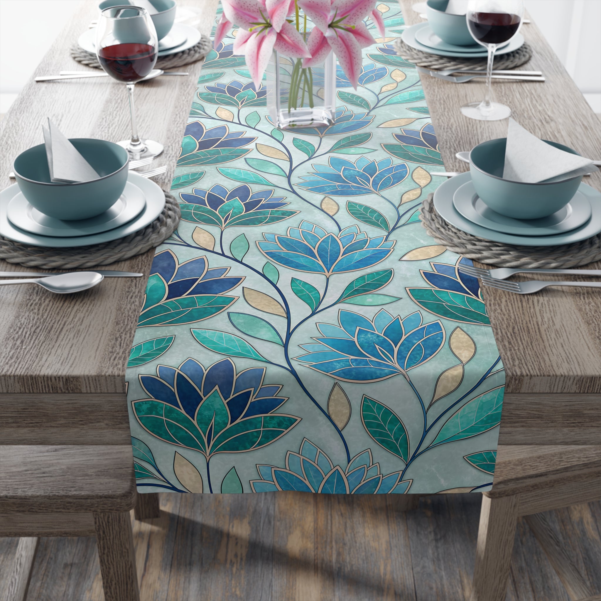 Mosaic Table Runner, Stained Glass Style Floral Runner, Teal Blue Geometric Table Decor for Dining Room Kitchen