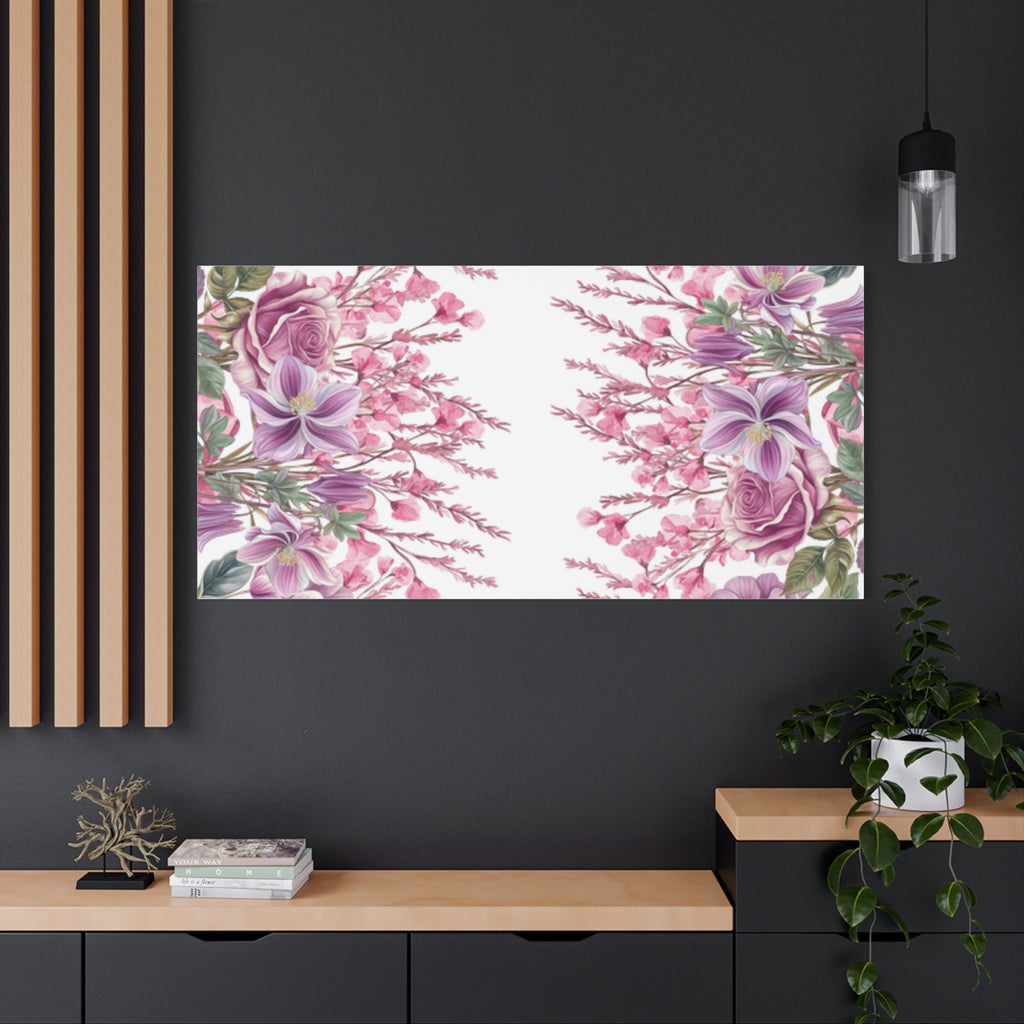 Floral Matte Canvas Wall Art, Pink Purple Botanical Print, Modern Symmetrical Flower Design, Stretched 1.25" Canvas Home Decor