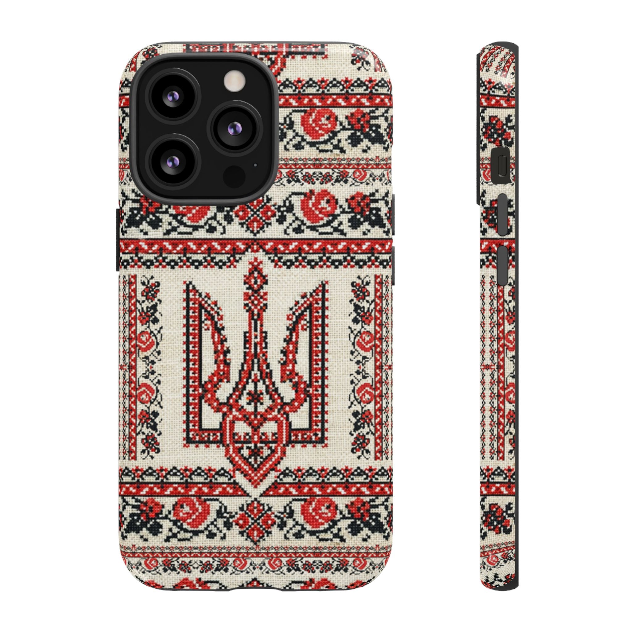 Ukrainian Trident Embroidery Phone Case • Red Black Trident Pattern • Protective Folk Art Cover for iPhone & Samsung