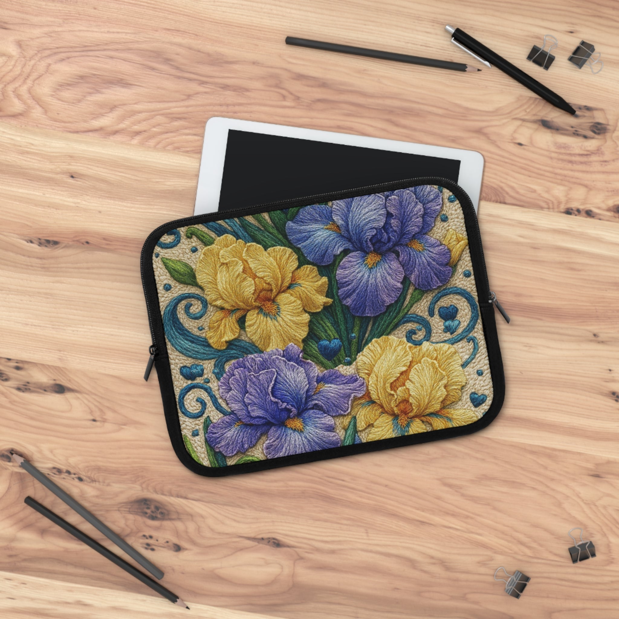 Free Bloom Iris Laptop Sleeve | Yellow Purple Floral Neoprene Case with Zipper | Vintage Botanical Tech Bag