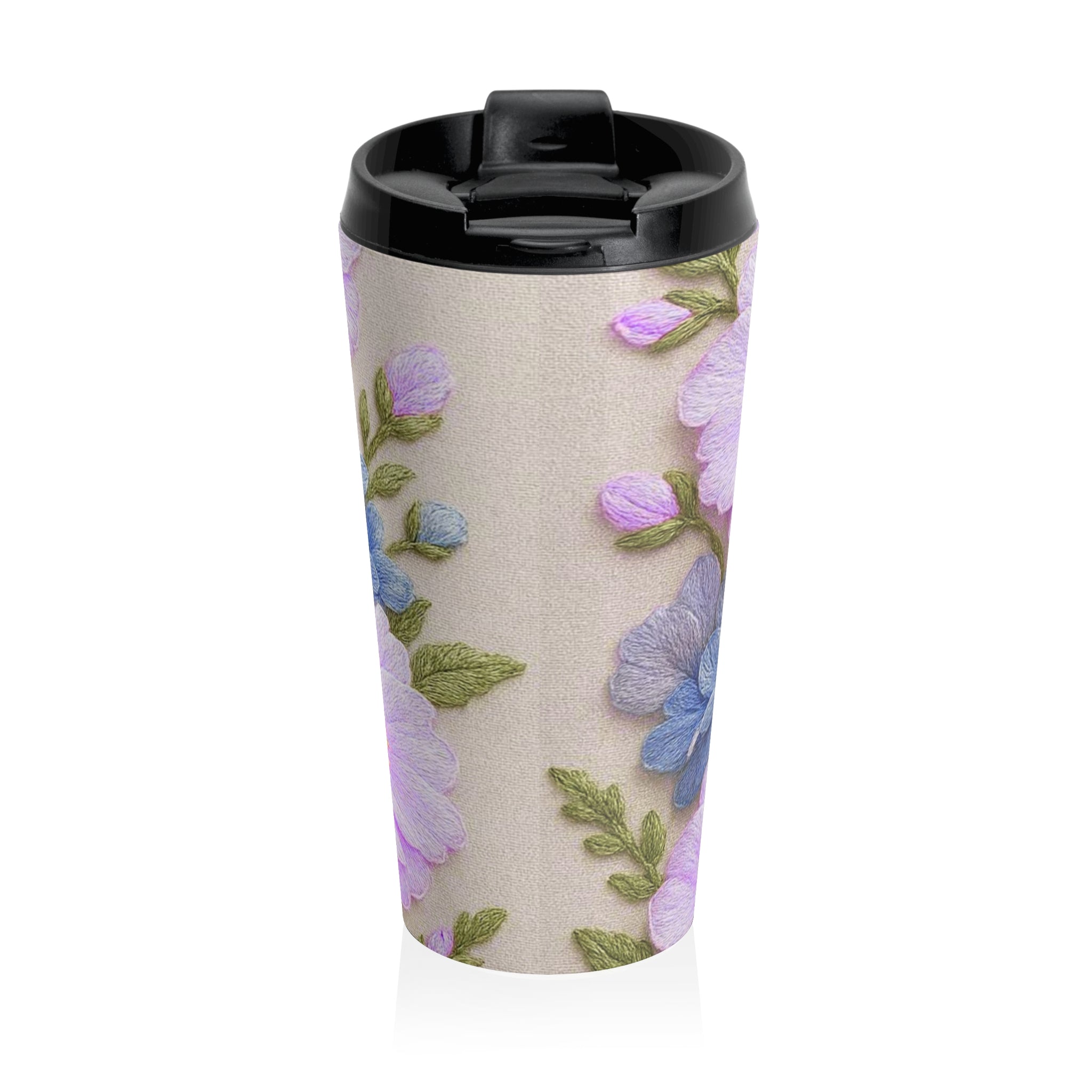 Pink Cosmos and Blue Hydrangea Travel Mug, Alexandra Bloom Collection, Stainless Steel Floral Tumbler, Insulated Coffee Cup Gift