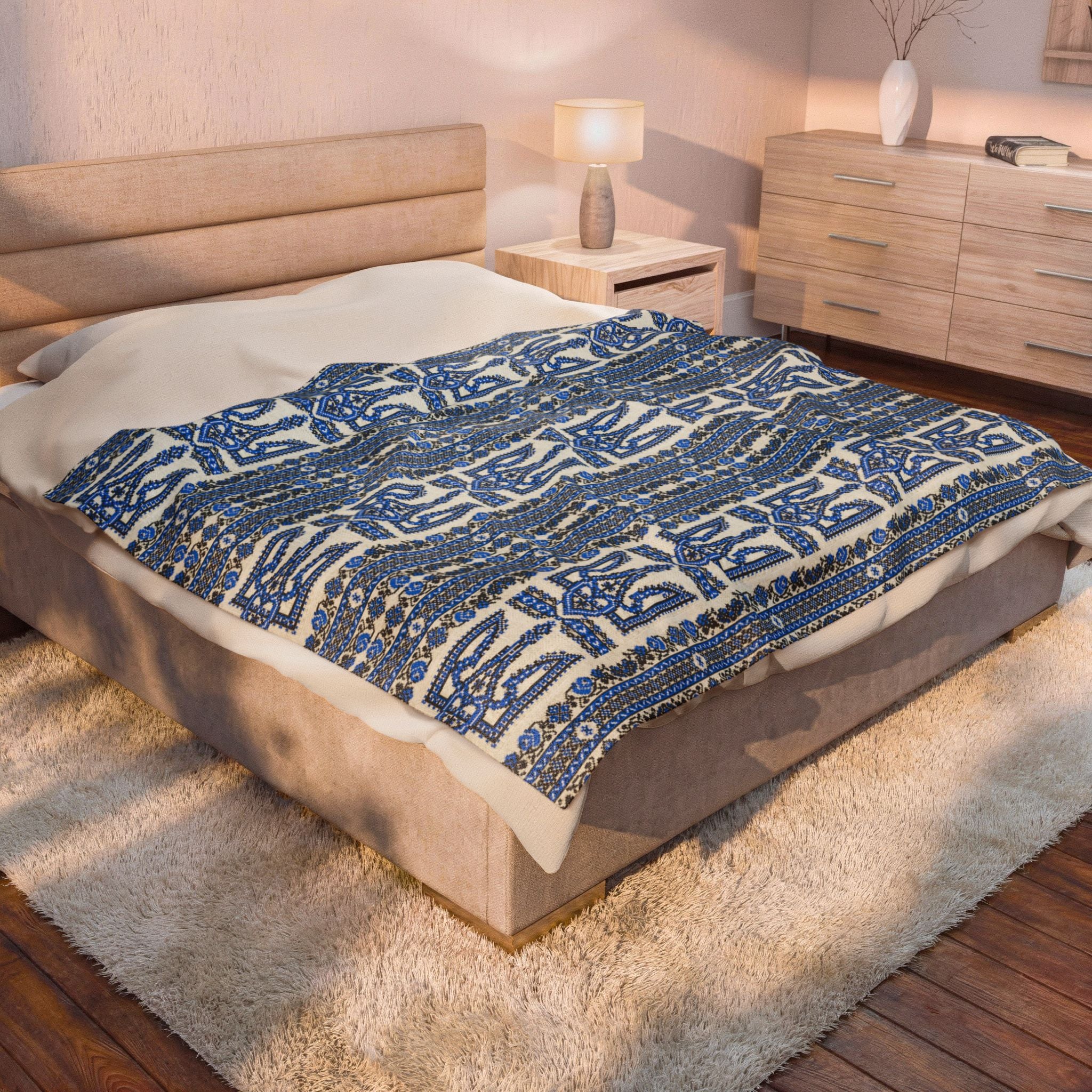 Ukrainian Trident Blue Velveteen Blanket | Tryzub Folk Throw | Artist-Designed