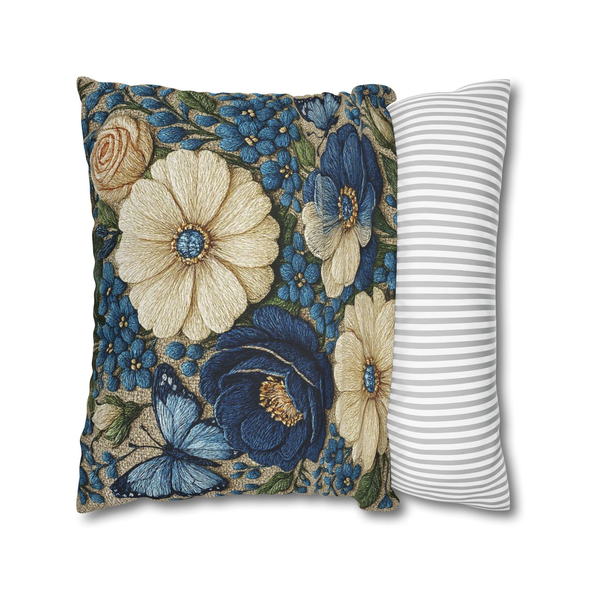 Wild Beauty Floral Throw Pillow Cover – Blue & Cream Botanical Cushion Case