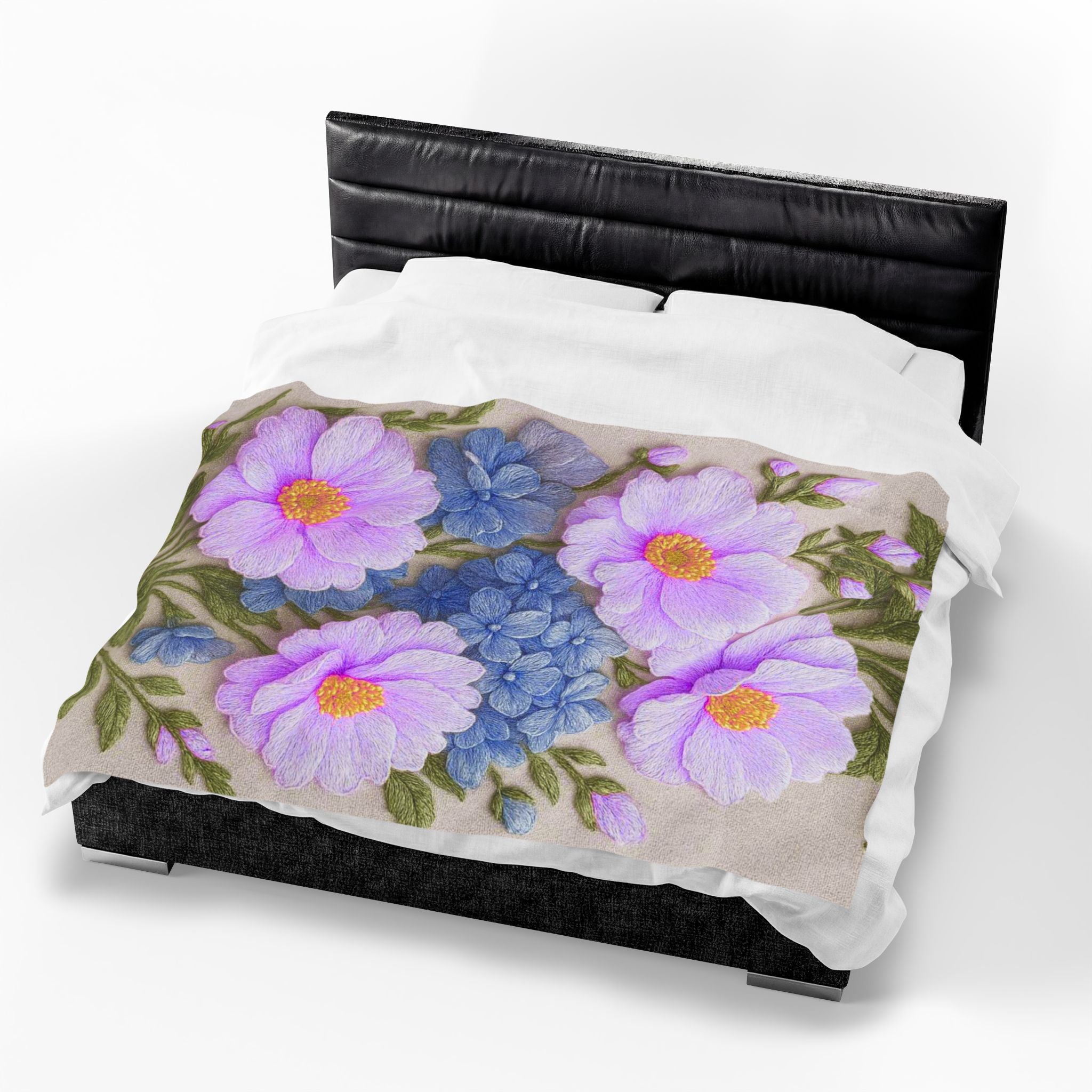 Lavender Cosmos and Blue Hydrangea Velveteen Blanket, Alexandra Bloom Collection, Cozy Floral Throw Blanket, Soft Garden Bedding Gift