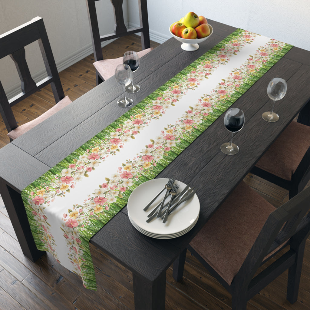 Spring Floral Table Runner, Cotton  Polyester Table Decor, Green Grass Border with Pink White Flowers, Dining Table Runner in 16×72, 16×90