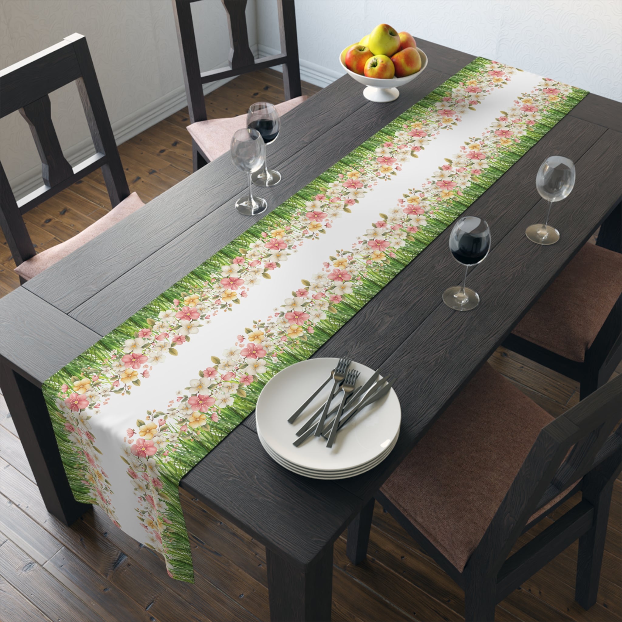 Spring Floral Table Runner, Cotton  Polyester Table Decor, Green Grass Border with Pink White Flowers, Dining Table Runner in 16×72, 16×90