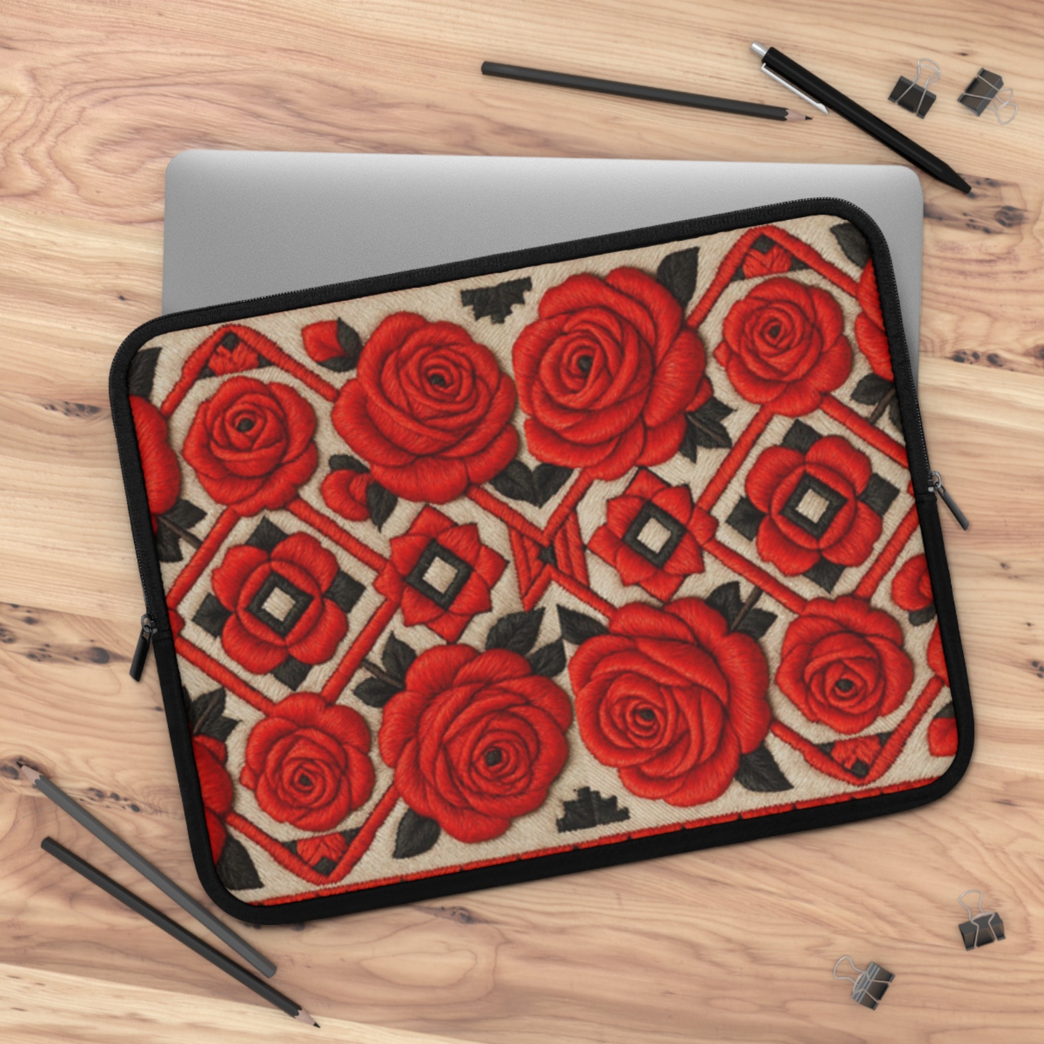 Red Roses Laptop Sleeve | Vintage Floral Neoprene Case with Zipper | Folk Art Tech Bag Gift for Her