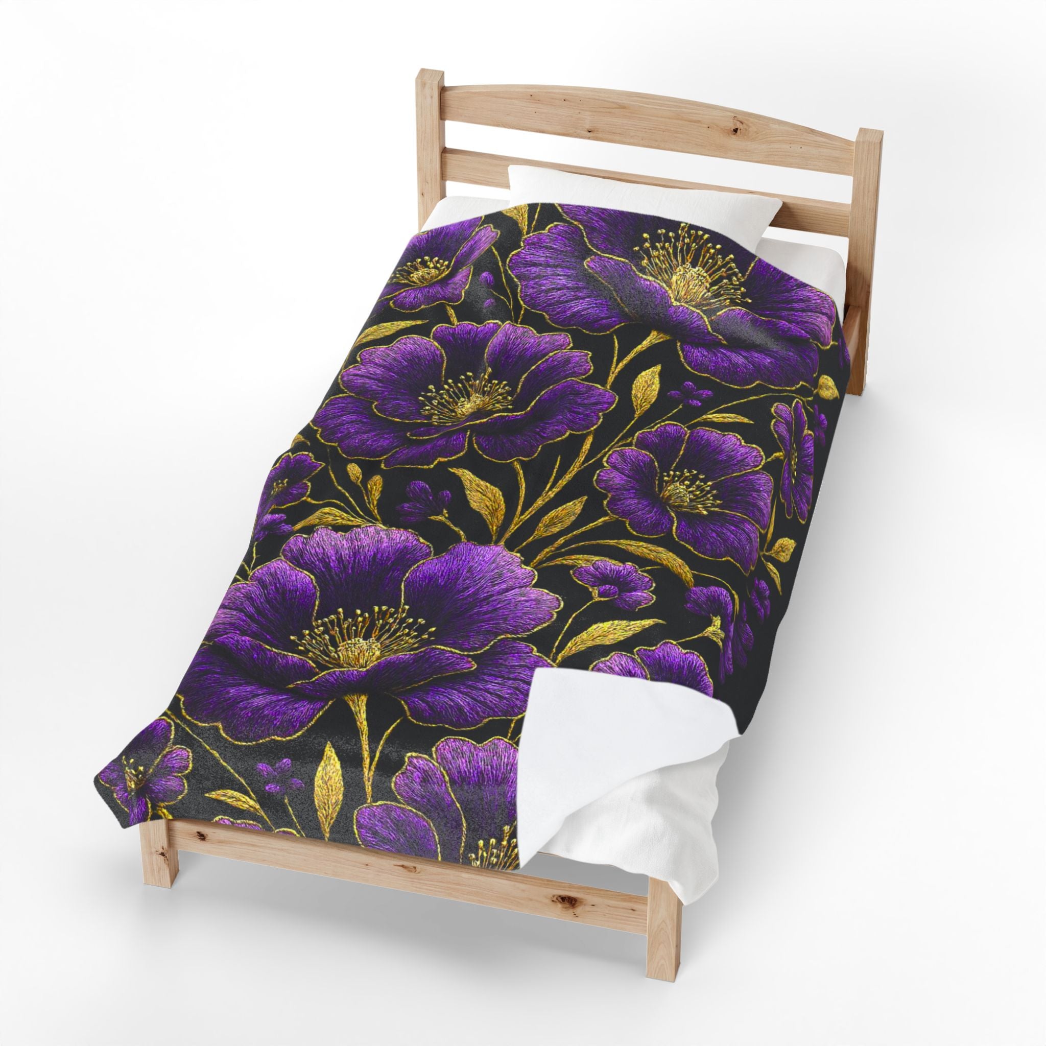 Petrykivka Bloom Blanket | Purple Poppy Floral Plush Throw | Moody Gold Embroidered Look Velveteen Cozy Blanket
